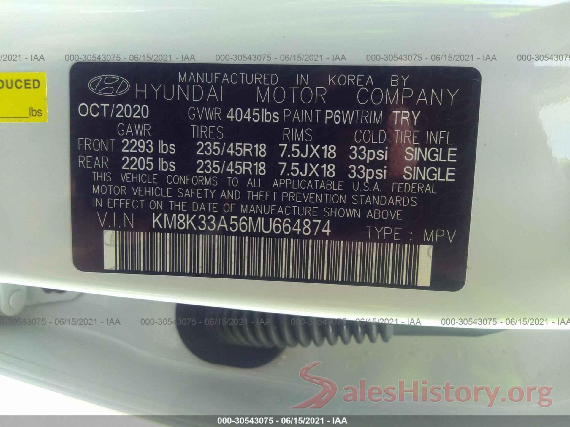 KM8K33A56MU664874 2021 HYUNDAI KONA