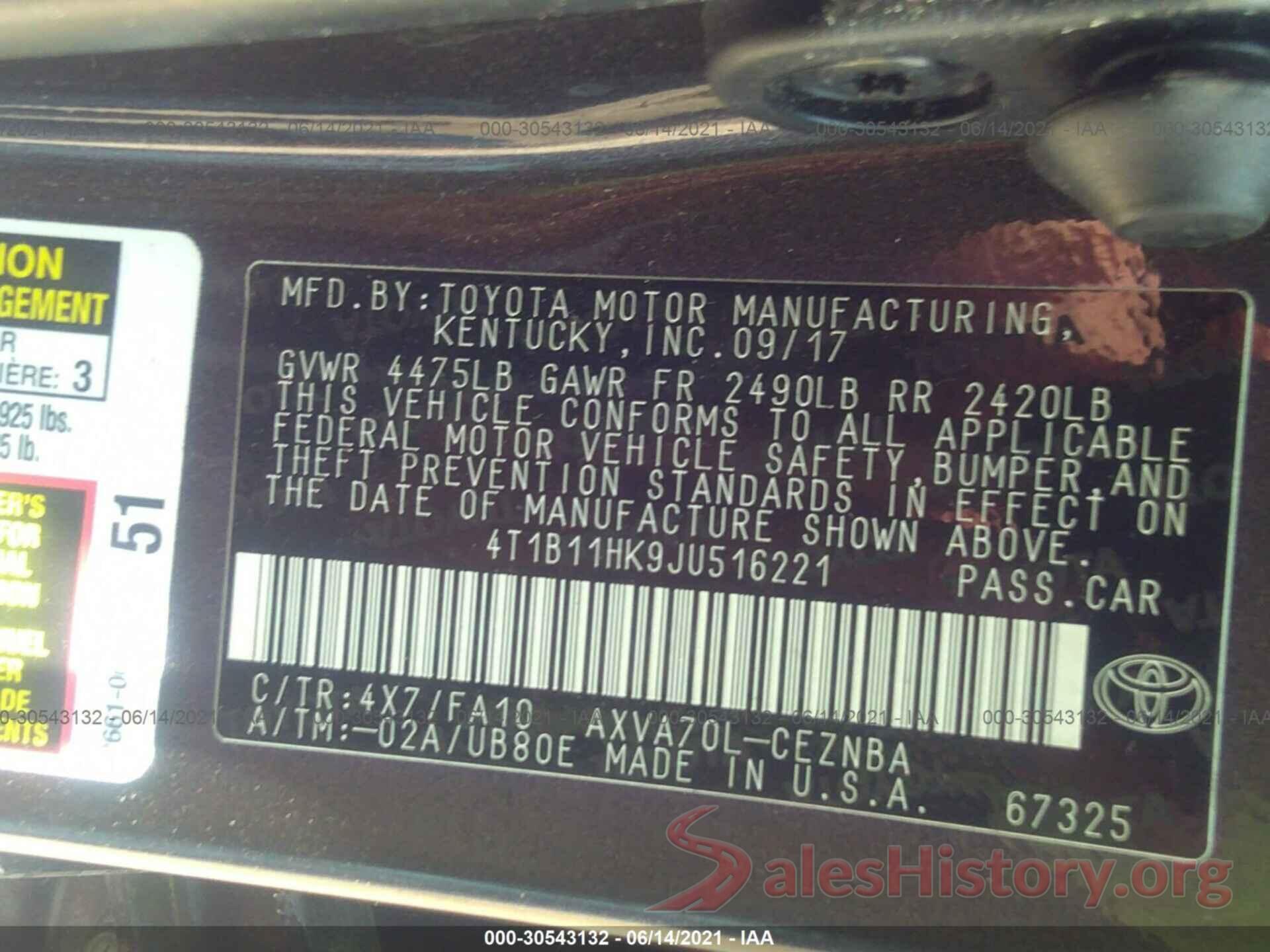 4T1B11HK9JU516221 2018 TOYOTA CAMRY