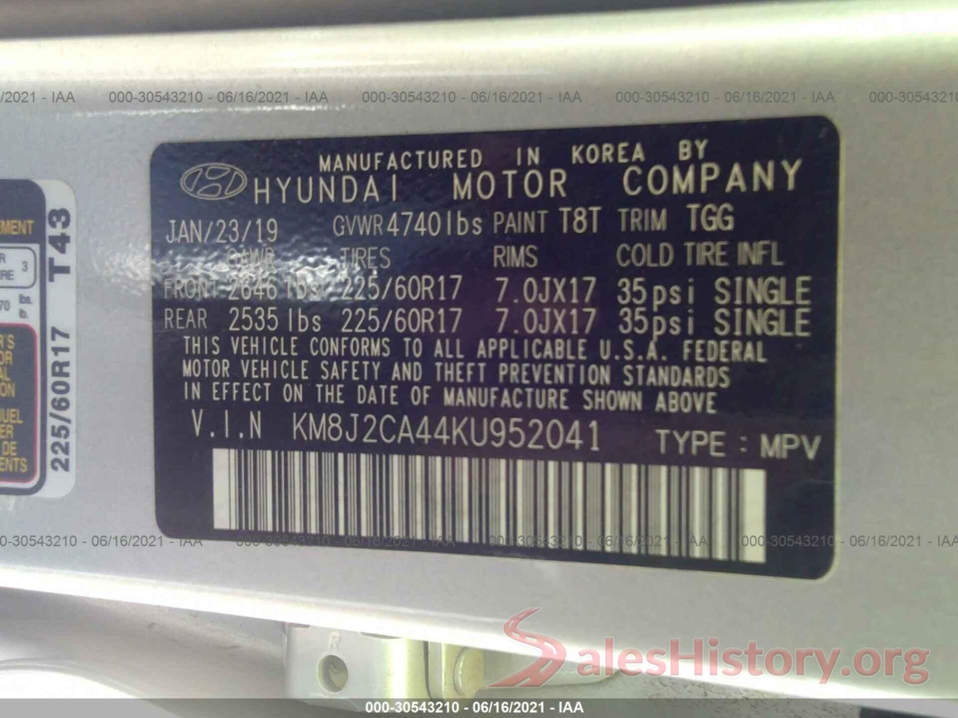 KM8J2CA44KU952041 2019 HYUNDAI TUCSON