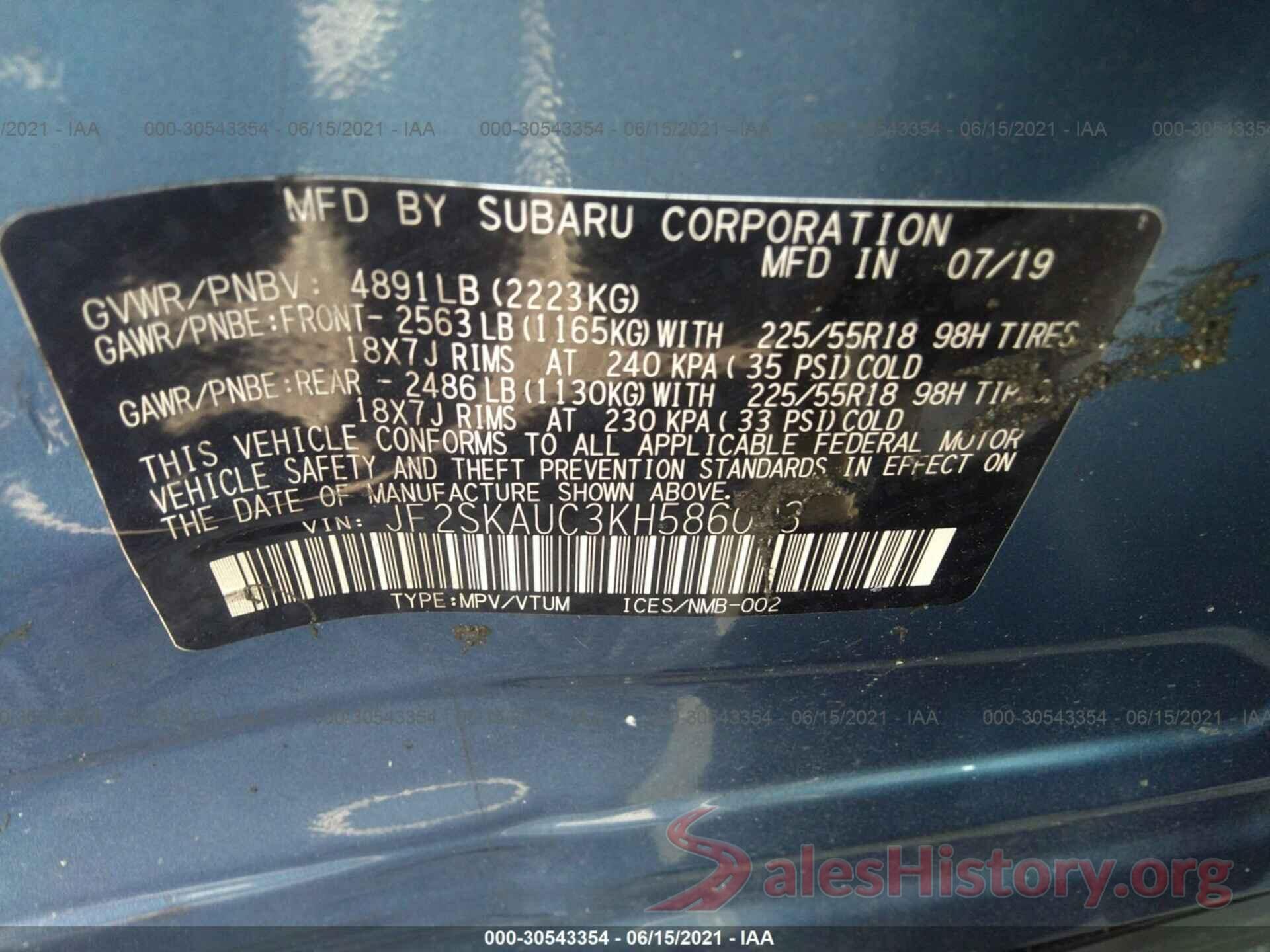 JF2SKAUC3KH586003 2019 SUBARU FORESTER