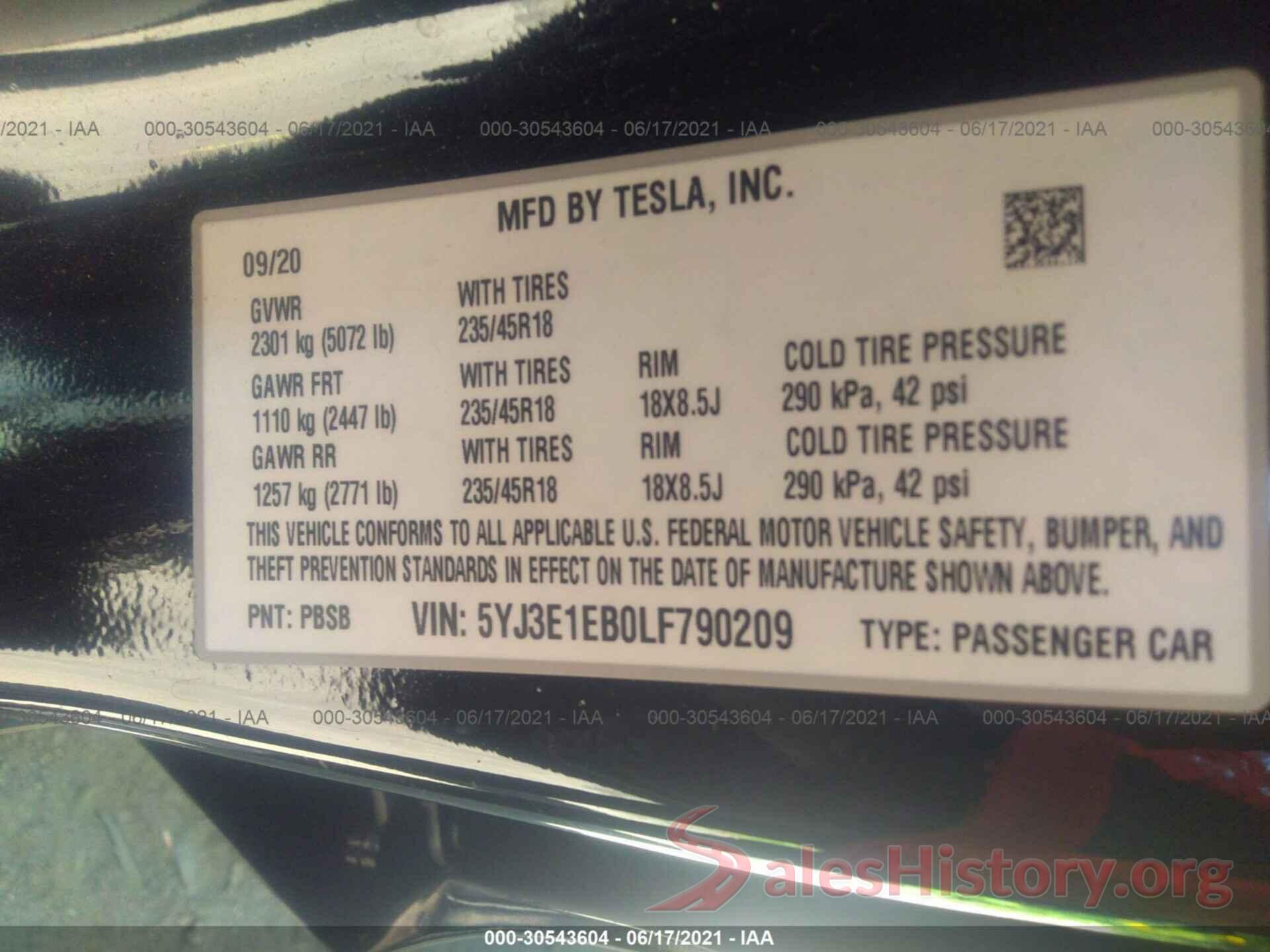 5YJ3E1EB0LF790209 2020 TESLA MODEL 3