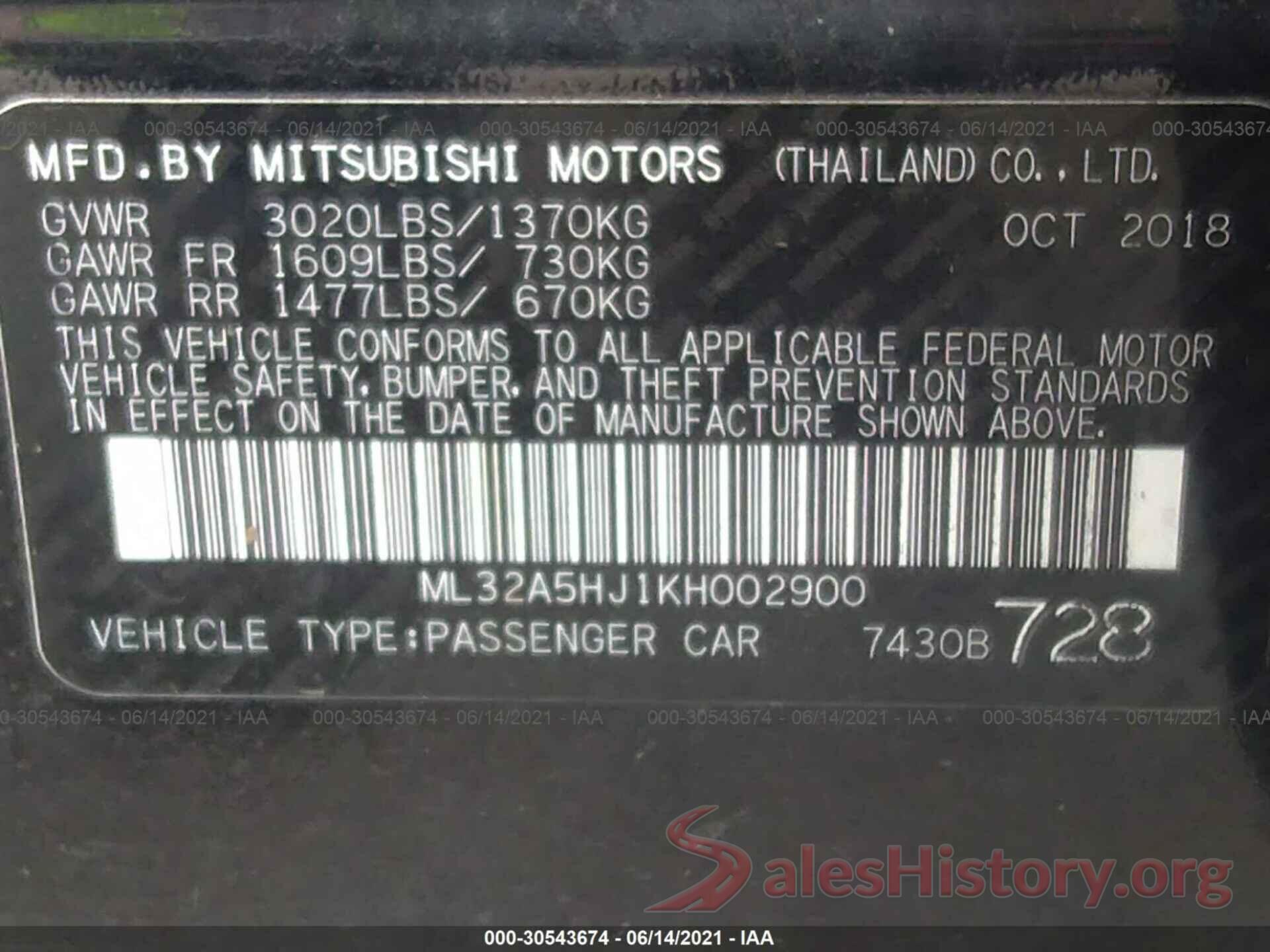 ML32A5HJ1KH002900 2019 MITSUBISHI MIRAGE