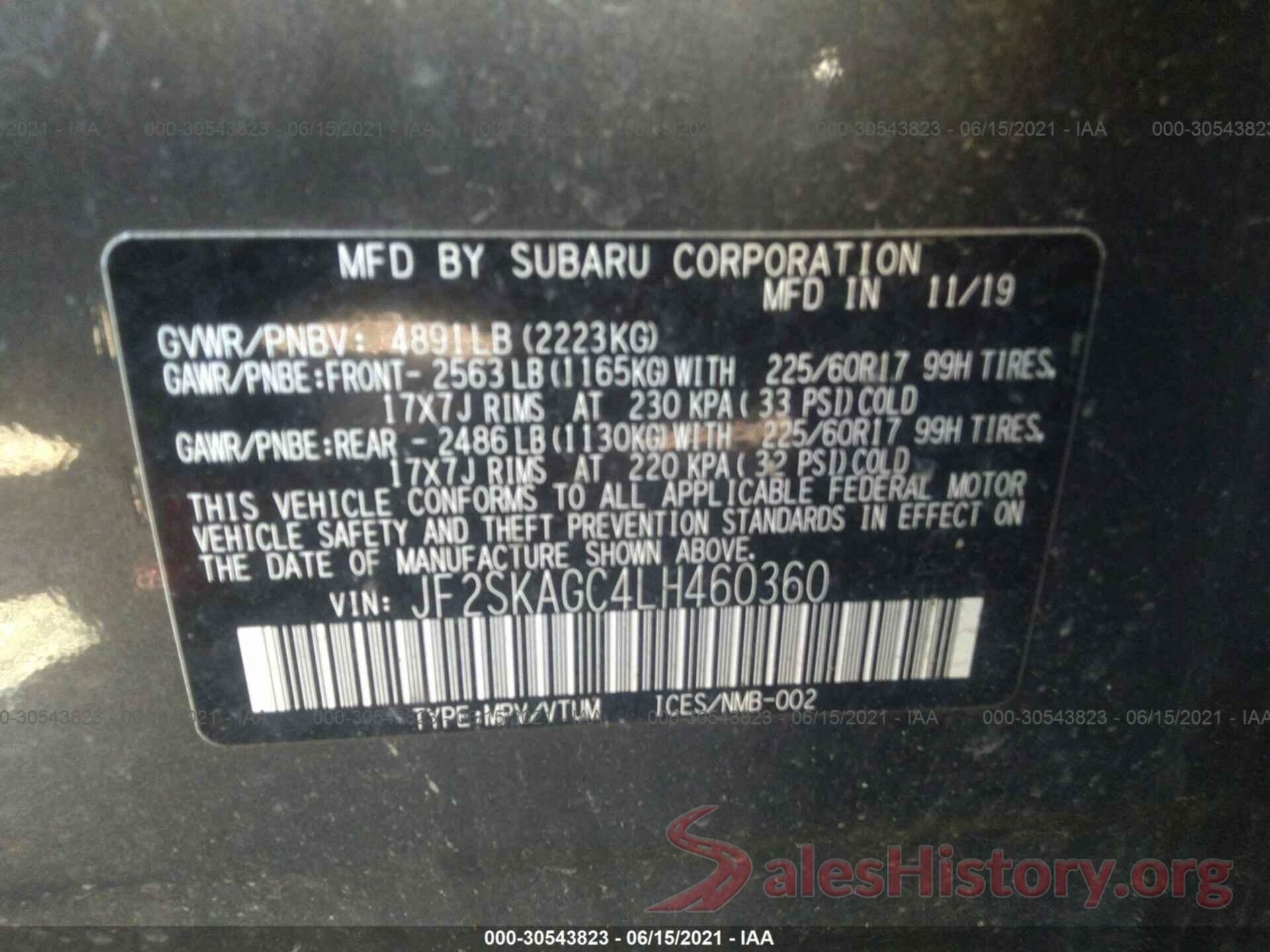 JF2SKAGC4LH460360 2020 SUBARU FORESTER