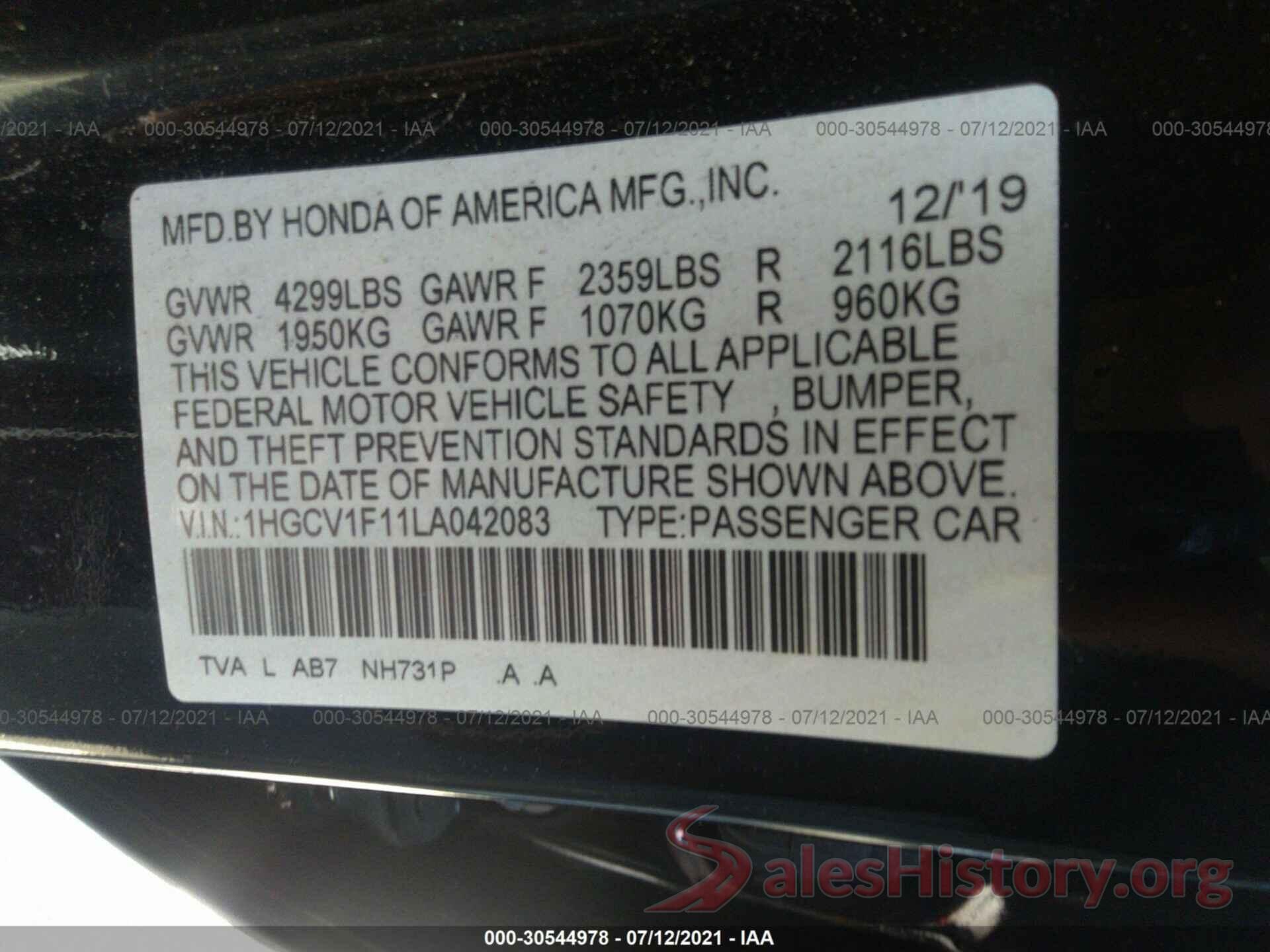 1HGCV1F11LA042083 2020 HONDA ACCORD SEDAN