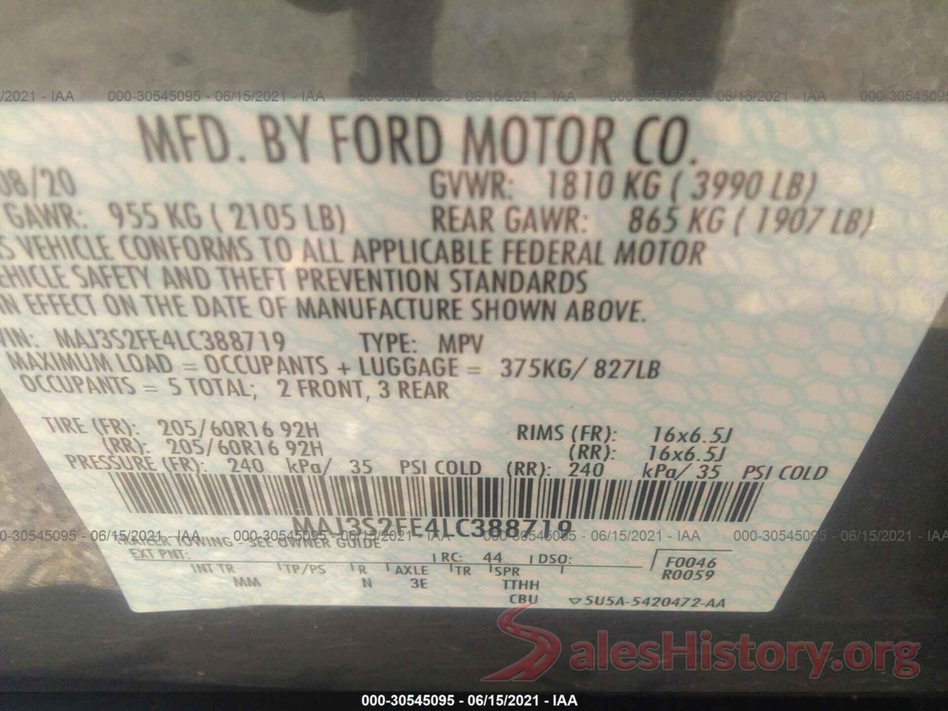 MAJ3S2FE4LC388719 2020 FORD ECOSPORT