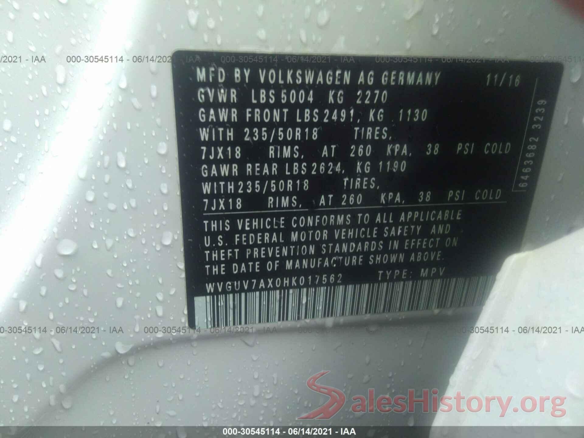 WVGUV7AX0HK017562 2017 VOLKSWAGEN TIGUAN