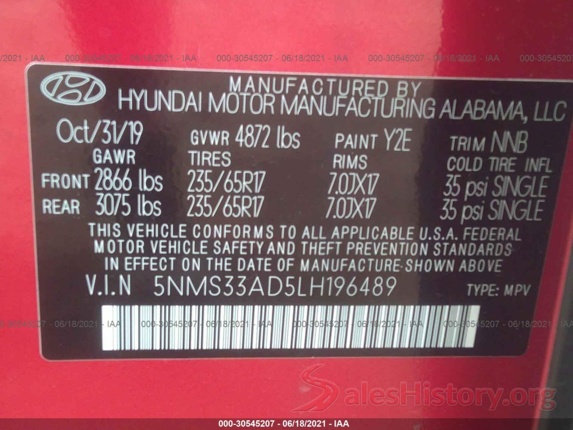 5NMS33AD5LH196489 2020 HYUNDAI SANTA FE