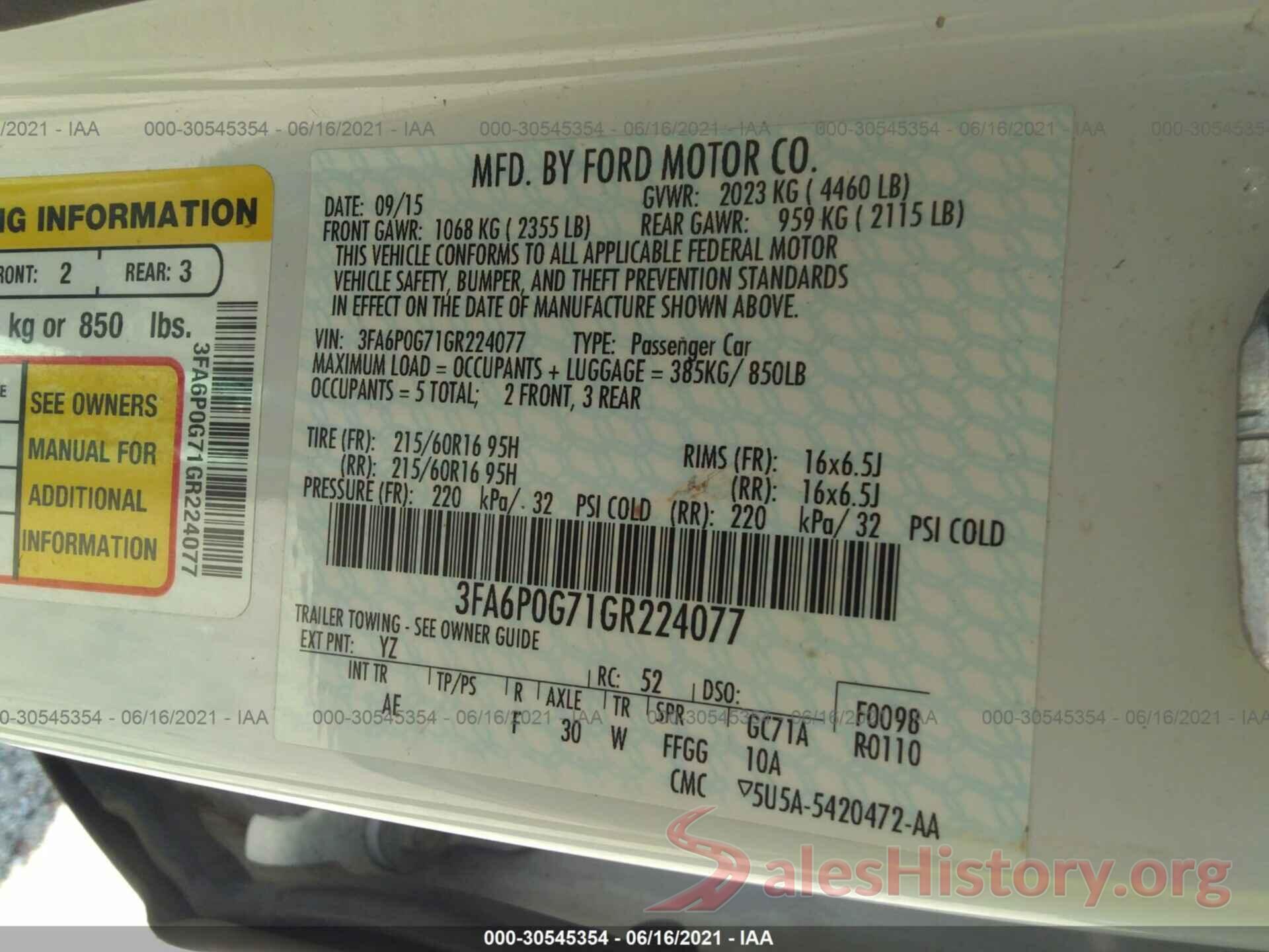 3FA6P0G71GR224077 2016 FORD FUSION