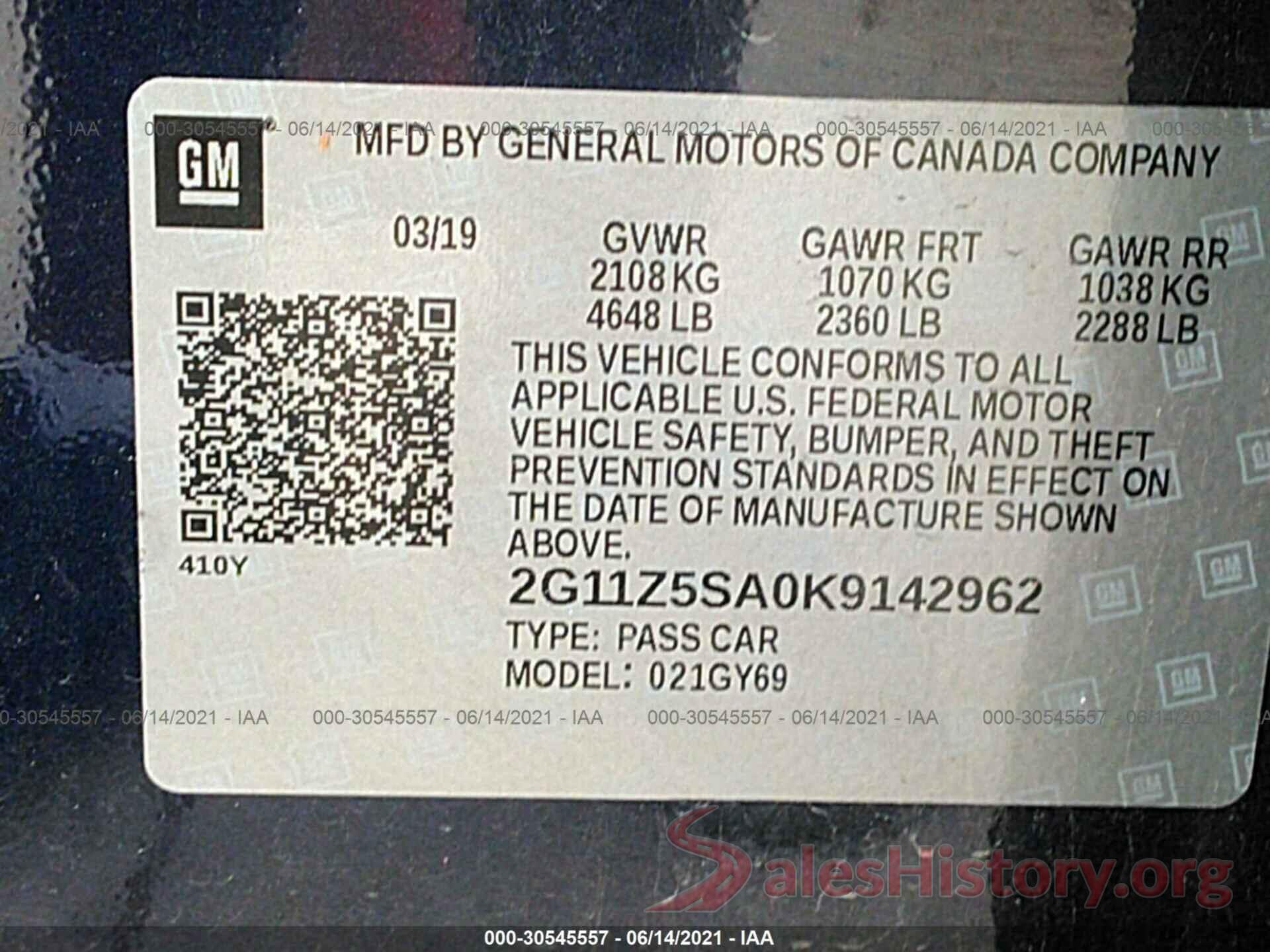 2G11Z5SA0K9142962 2019 CHEVROLET IMPALA