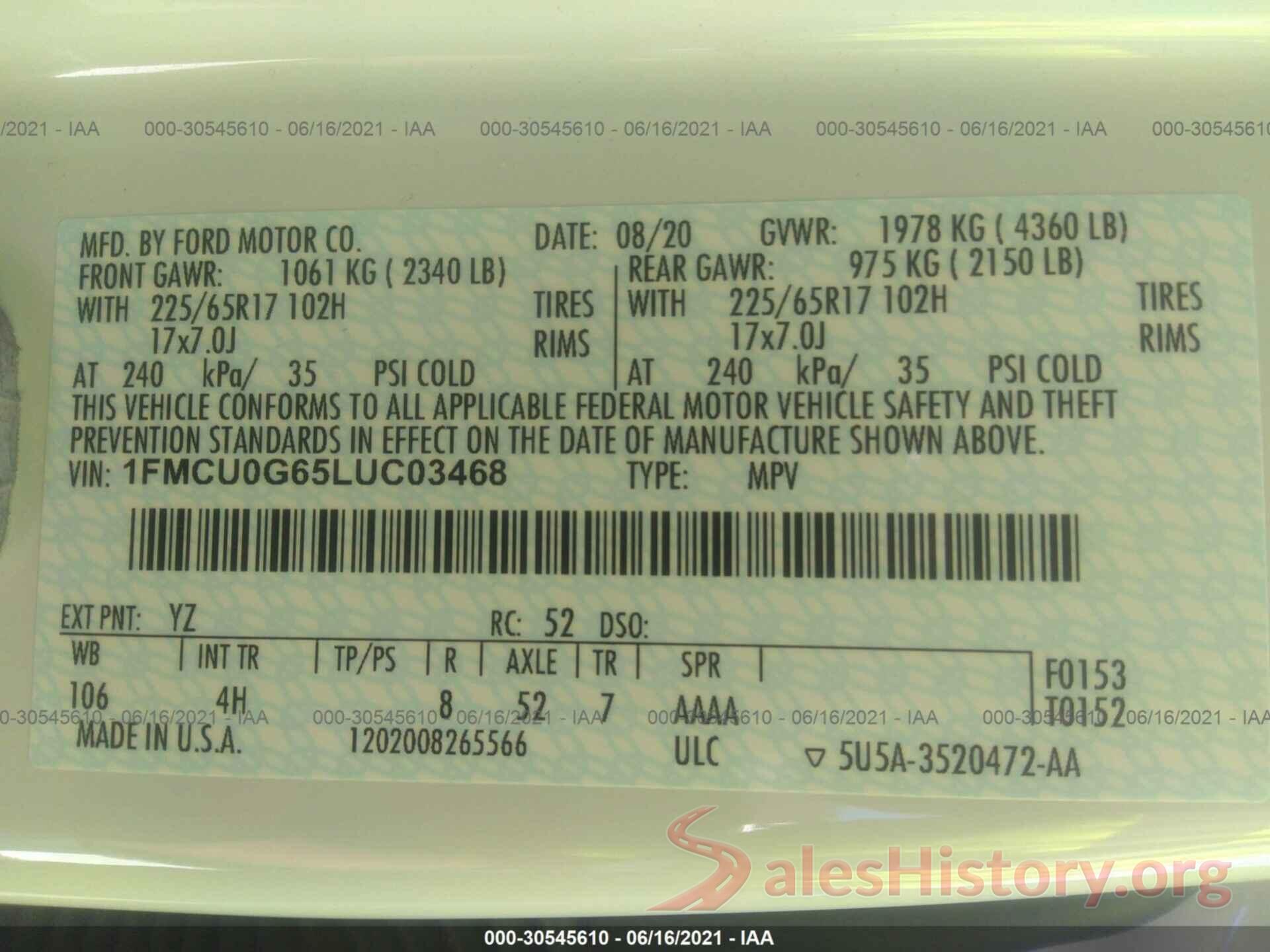 1FMCU0G65LUC03468 2020 FORD ESCAPE