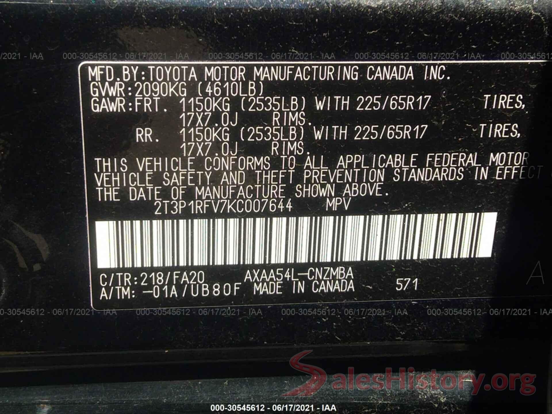 2T3P1RFV7KC007644 2019 TOYOTA RAV4