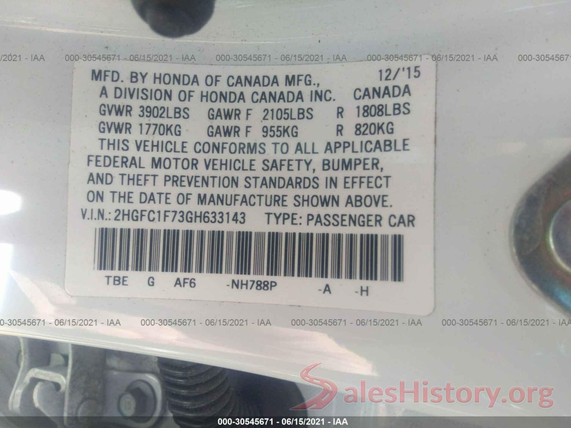 2HGFC1F73GH633143 2016 HONDA CIVIC SEDAN