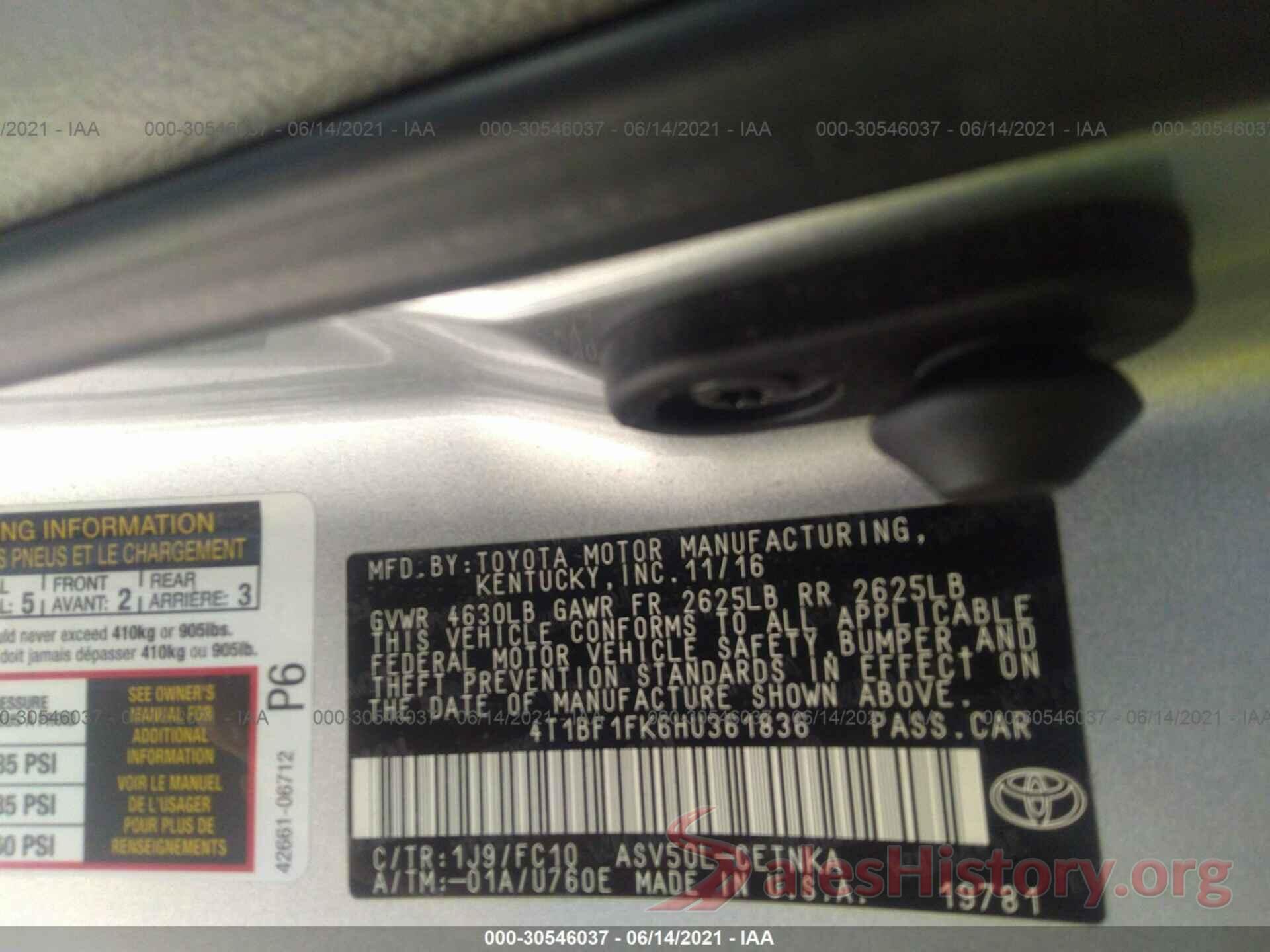 4T1BF1FK6HU361836 2017 TOYOTA CAMRY