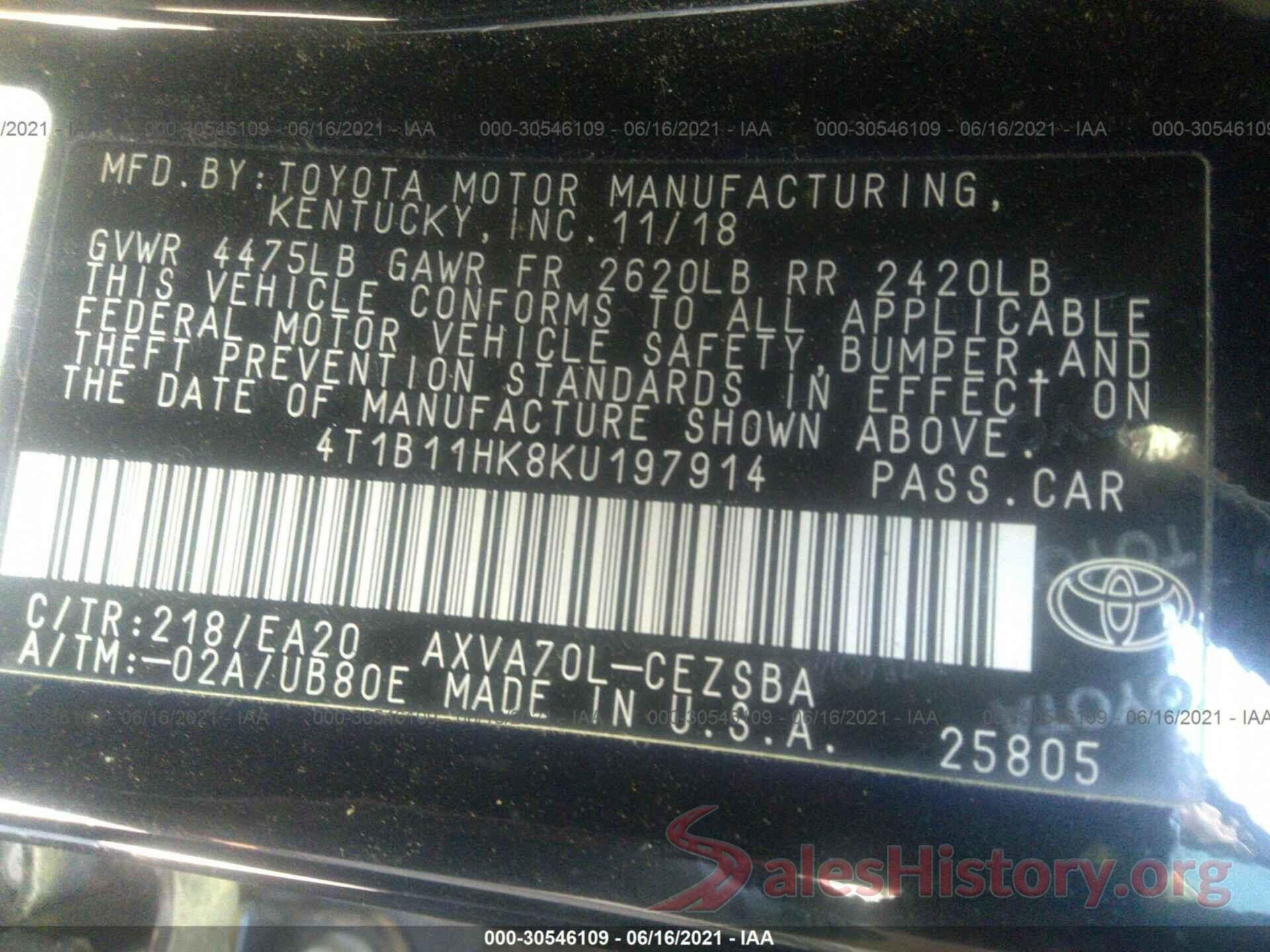 4T1B11HK8KU197914 2019 TOYOTA CAMRY