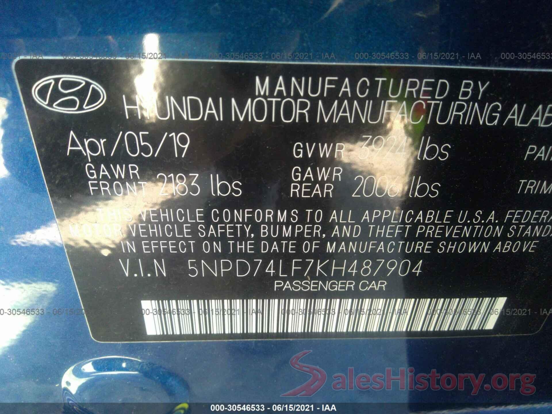 5NPD74LF7KH487904 2019 HYUNDAI ELANTRA