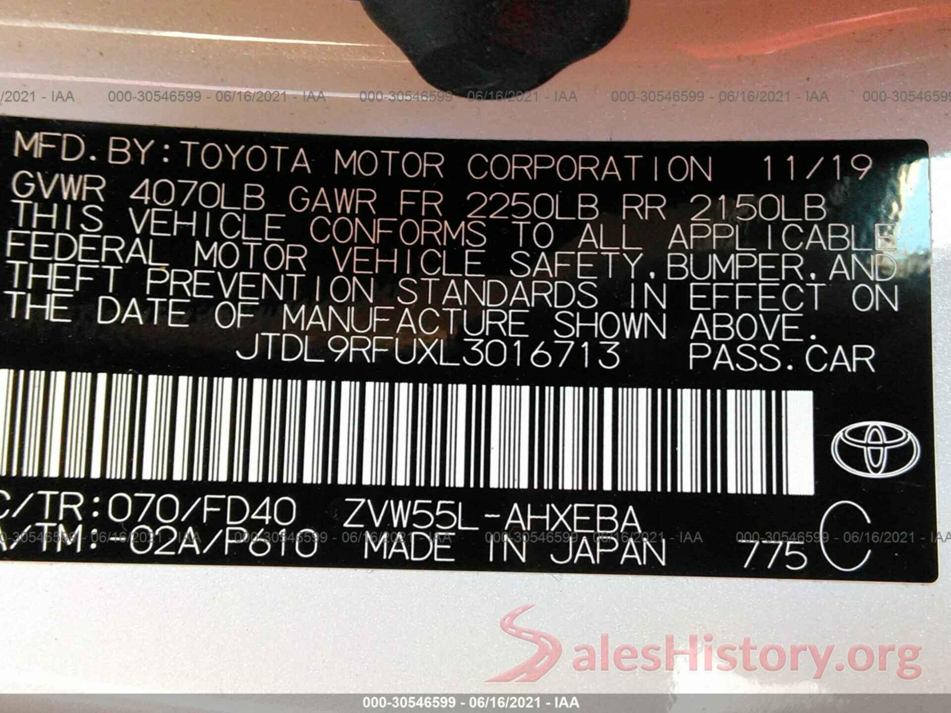 JTDL9RFUXL3016713 2020 TOYOTA PRIUS