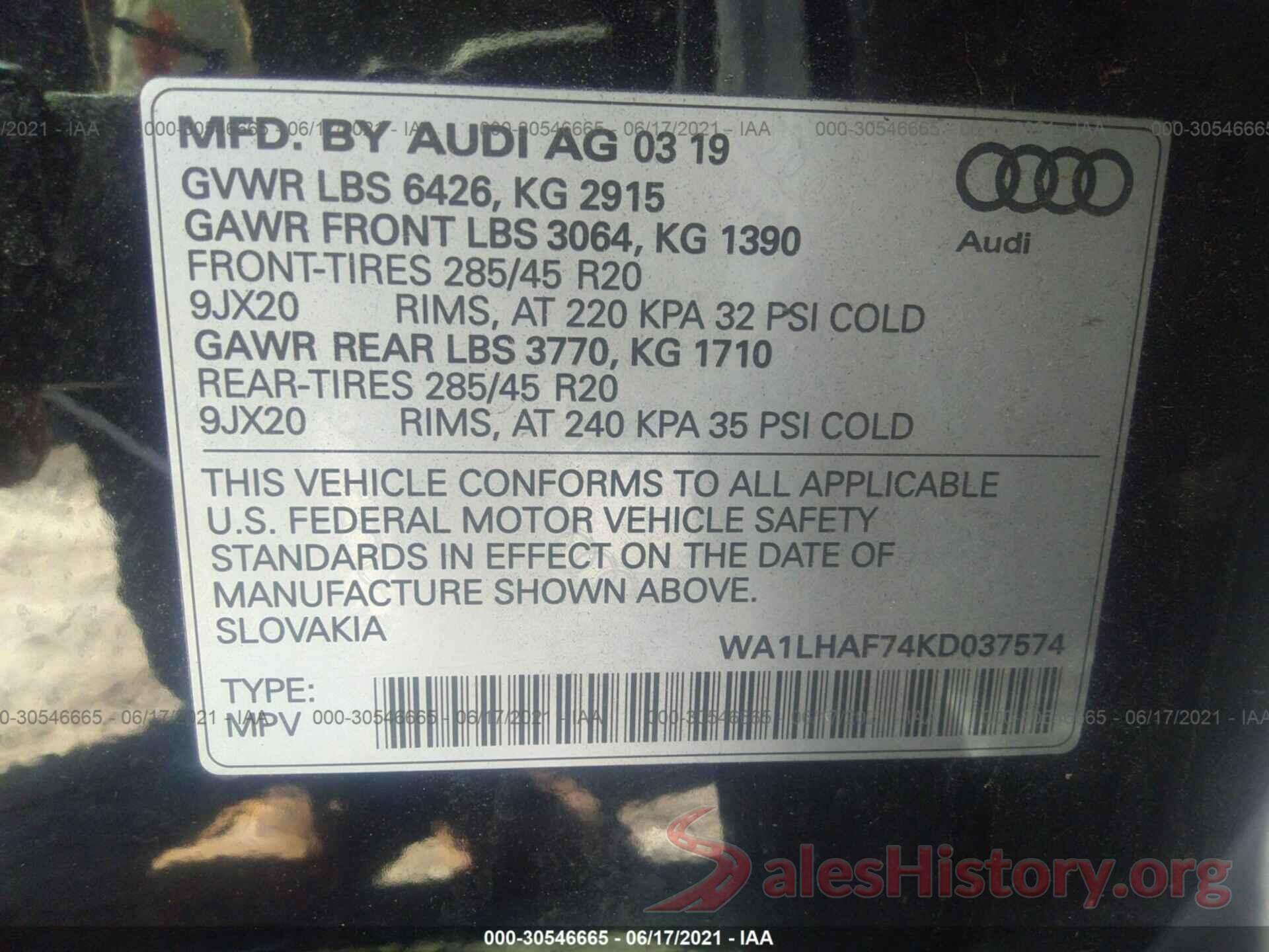 WA1LHAF74KD037574 2019 AUDI Q7