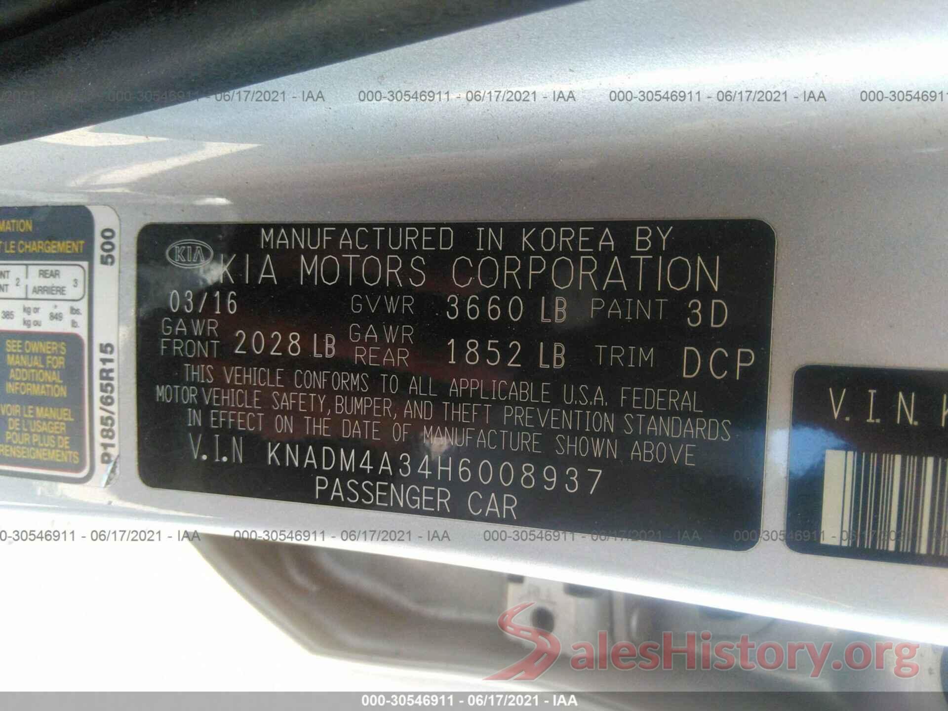 KNADM4A34H6008937 2017 KIA RIO