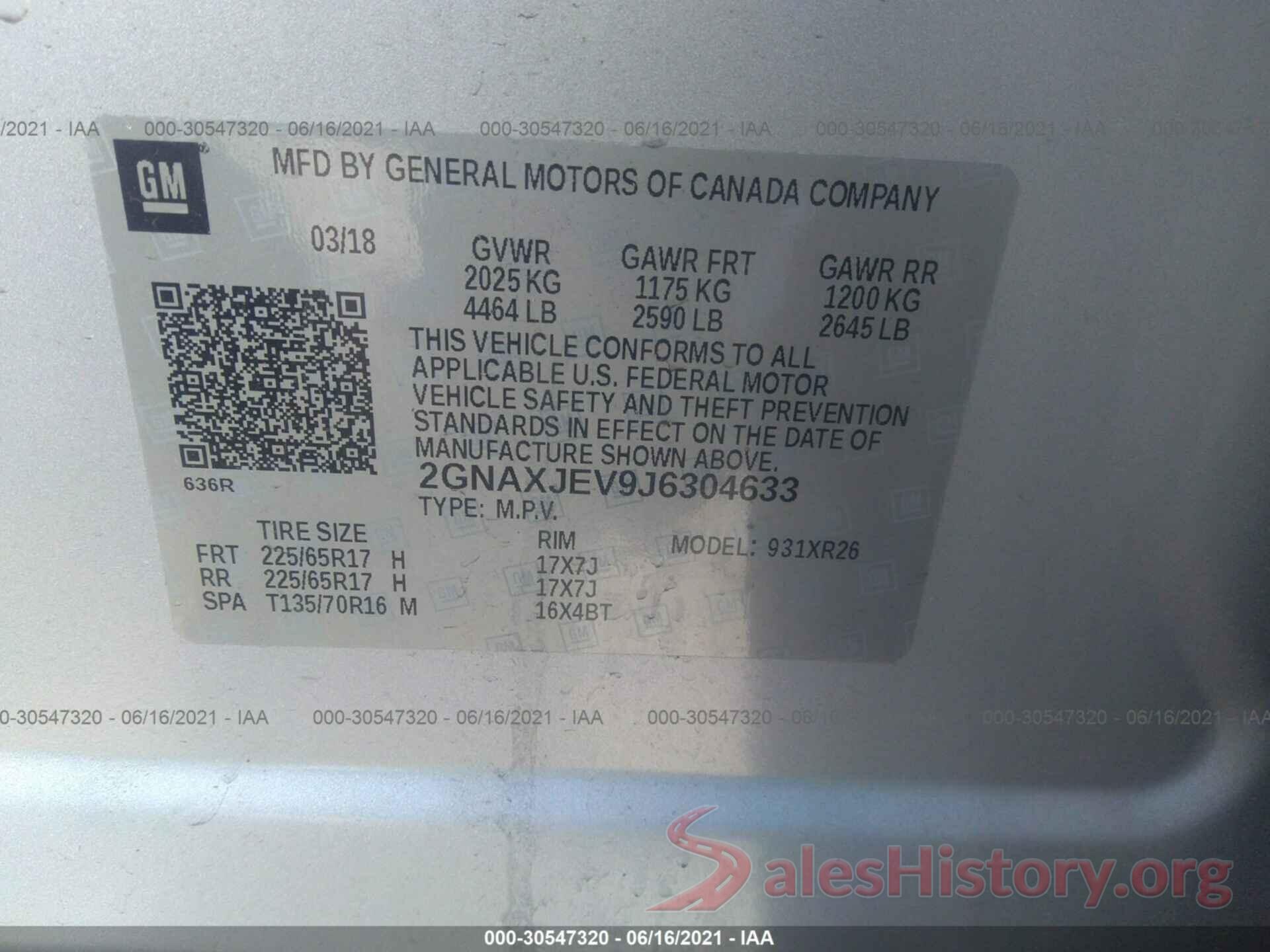 2GNAXJEV9J6304633 2018 CHEVROLET EQUINOX