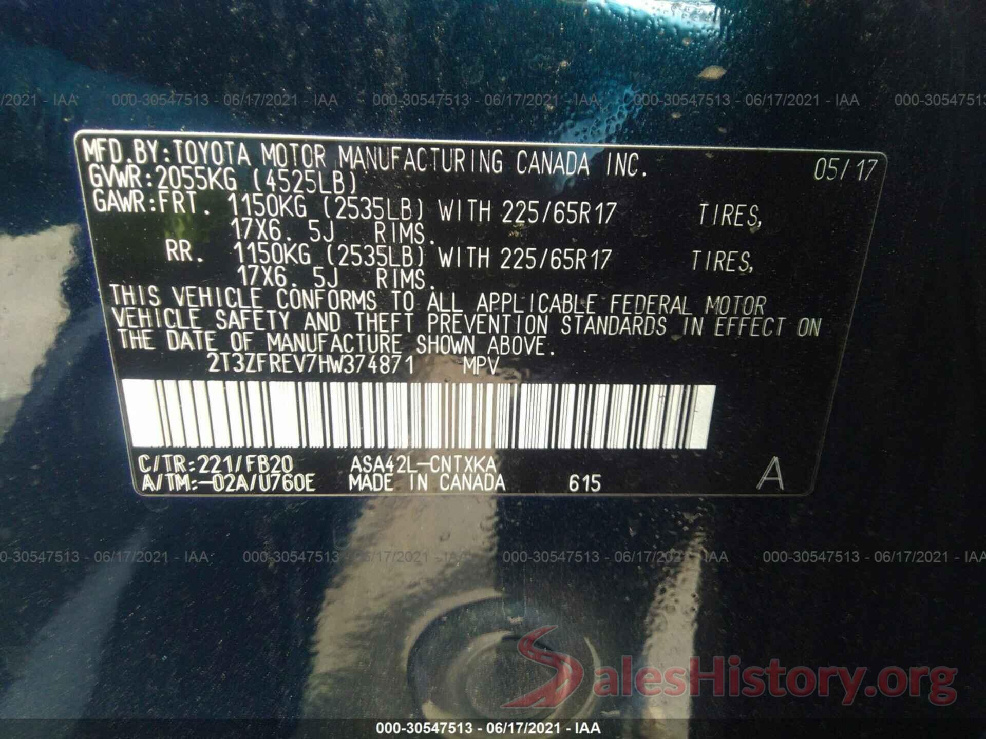 2T3ZFREV7HW374871 2017 TOYOTA RAV4