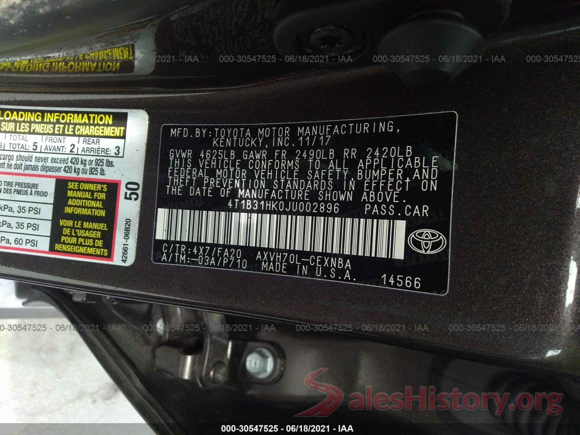 4T1B31HK0JU002896 2018 TOYOTA CAMRY