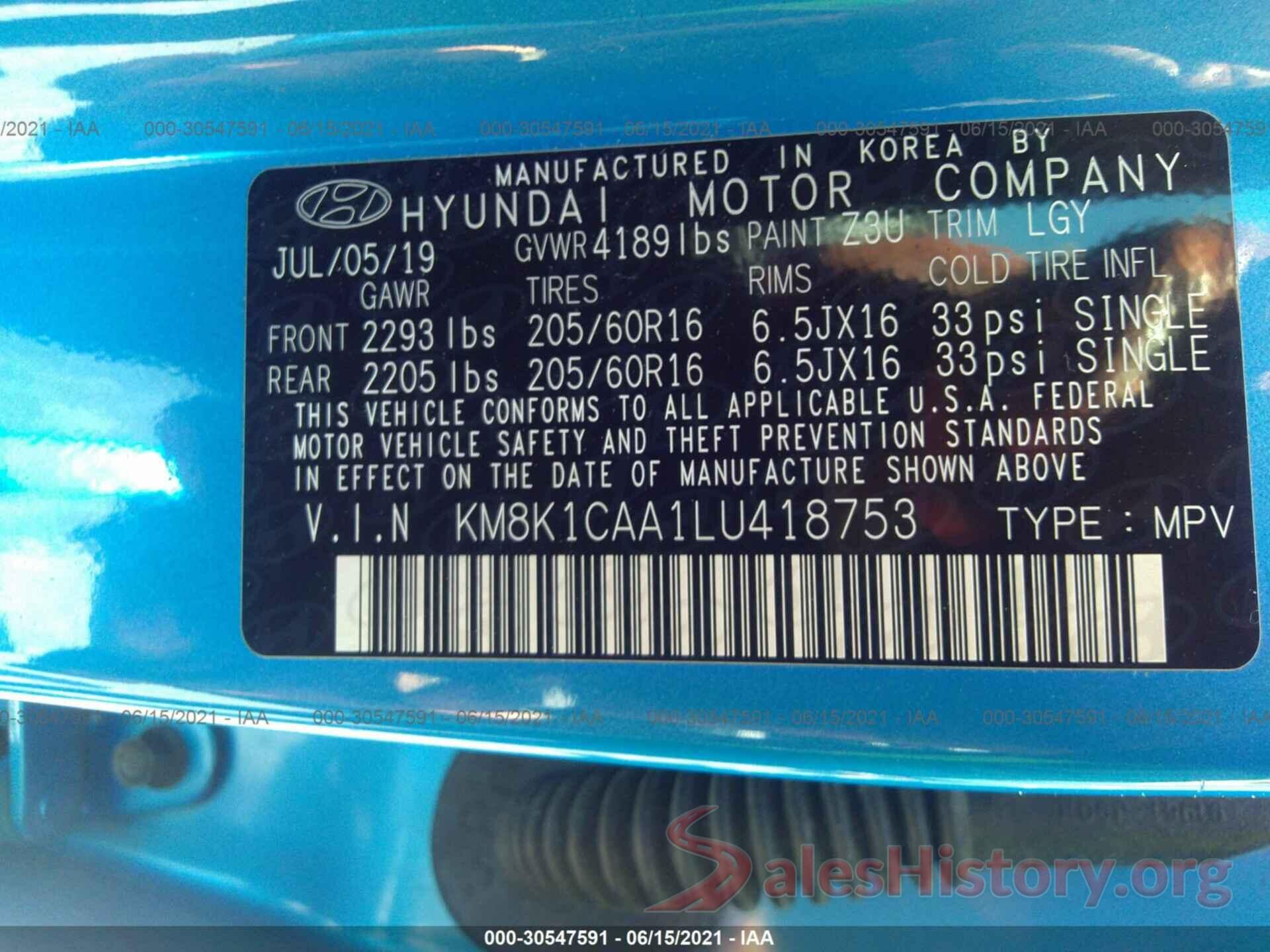 KM8K1CAA1LU418753 2020 HYUNDAI KONA