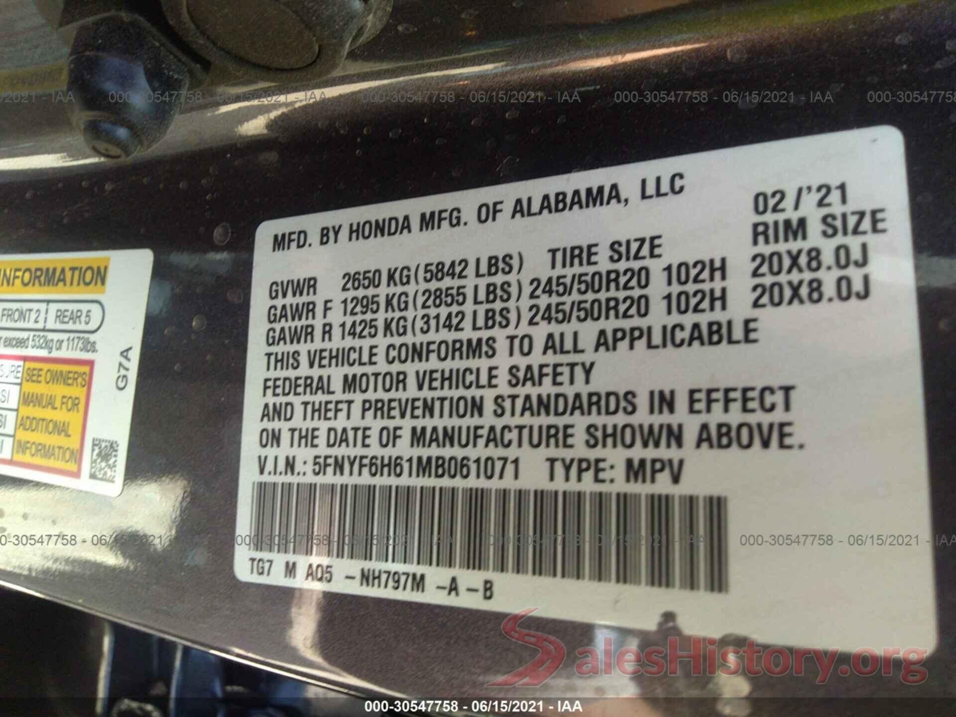 5FNYF6H61MB061071 2021 HONDA PILOT