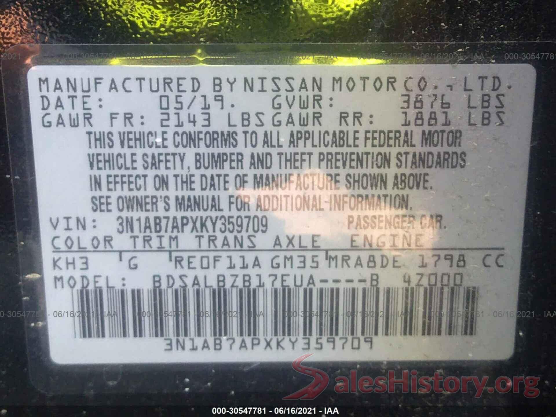 3N1AB7APXKY359709 2019 NISSAN SENTRA