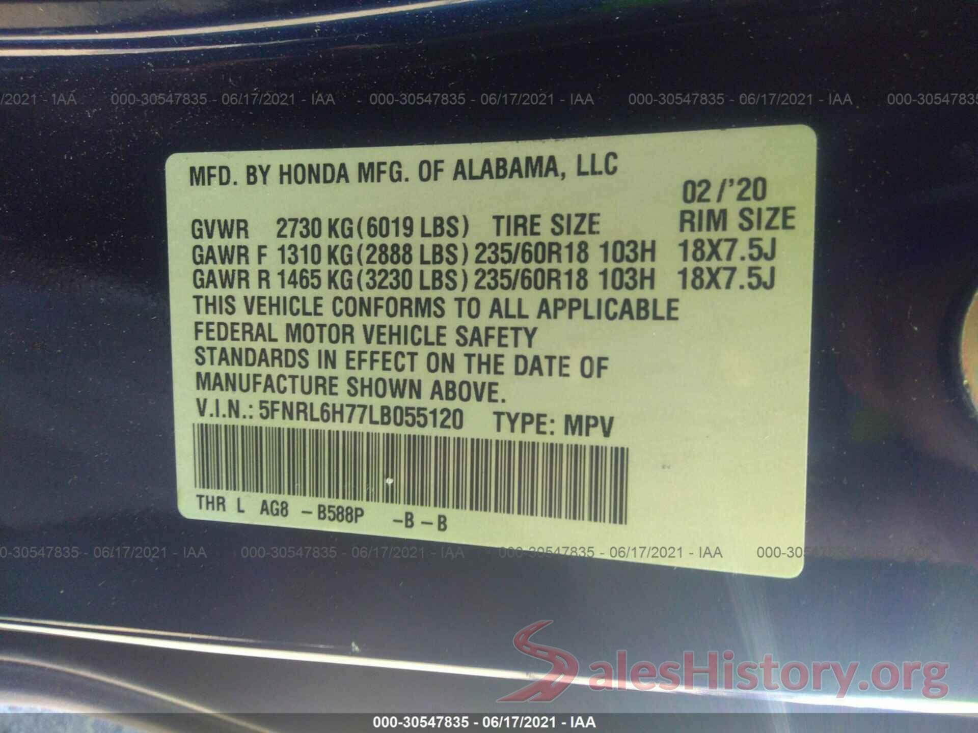 5FNRL6H77LB055120 2020 HONDA ODYSSEY