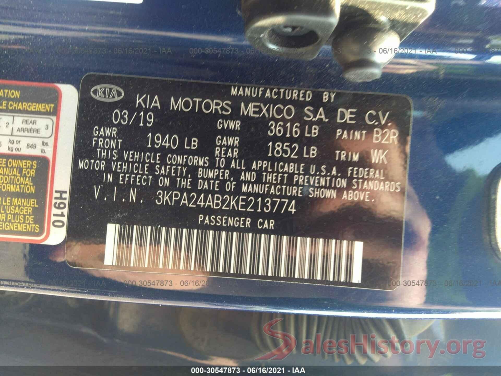 3KPA24AB2KE213774 2019 KIA RIO