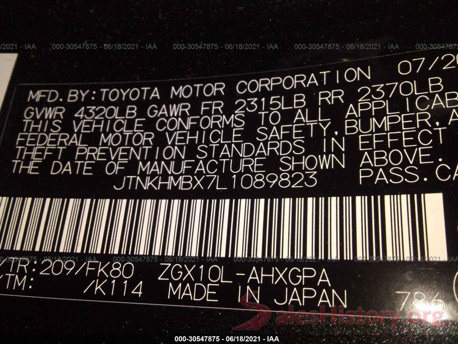 JTNKHMBX7L1089823 2020 TOYOTA C-HR