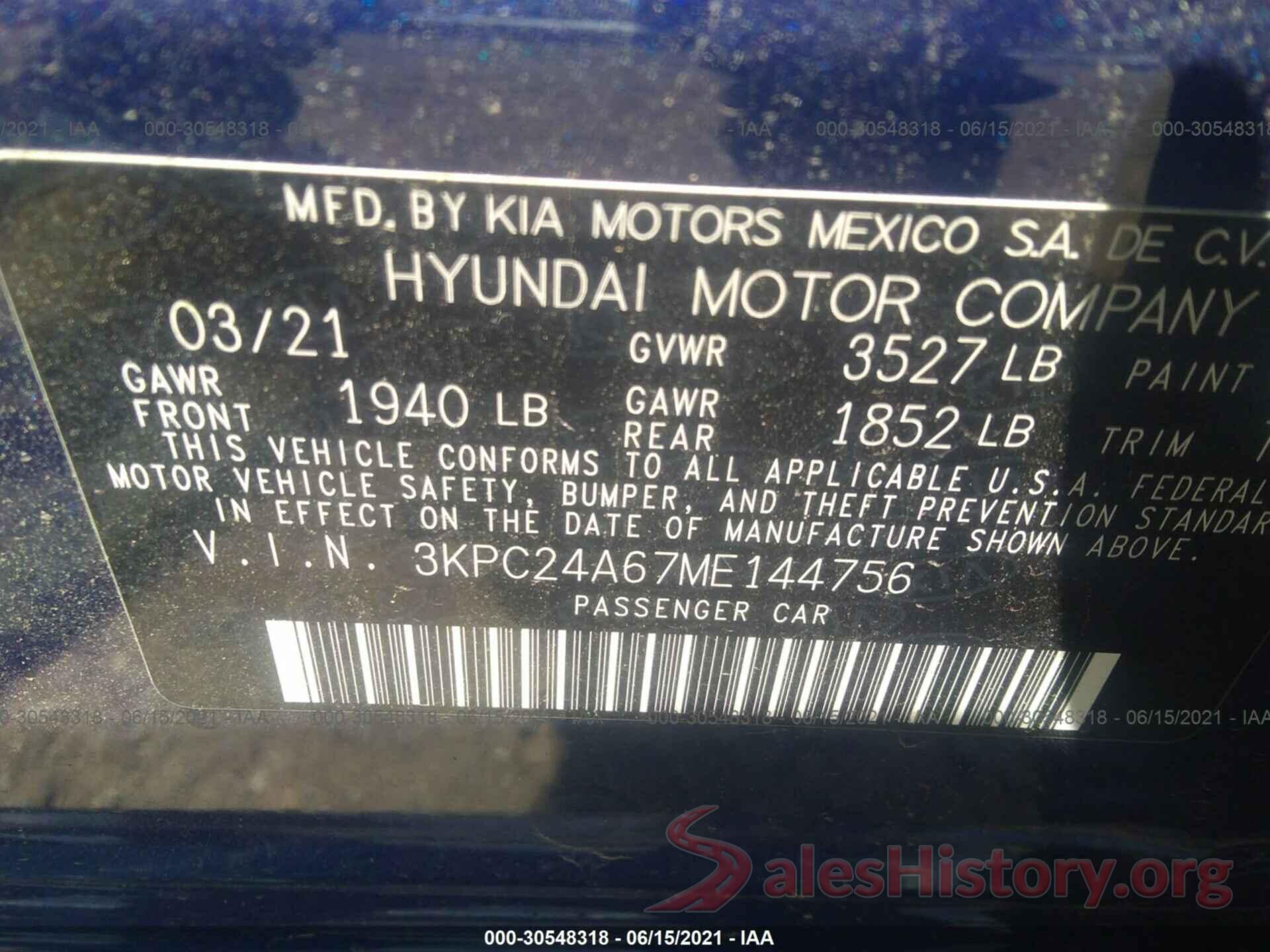 3KPC24A67ME144756 2021 HYUNDAI ACCENT