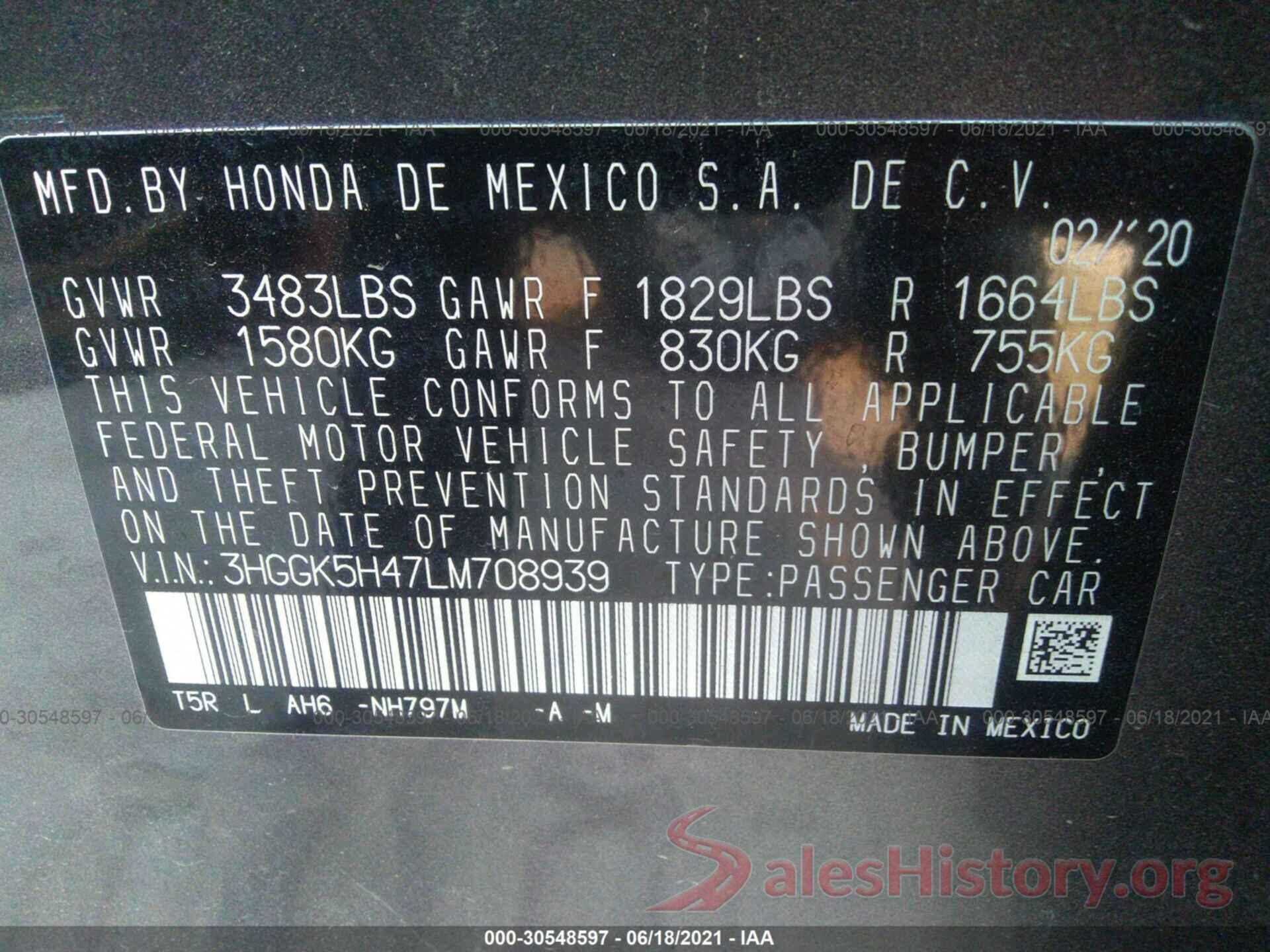 3HGGK5H47LM708939 2020 HONDA FIT