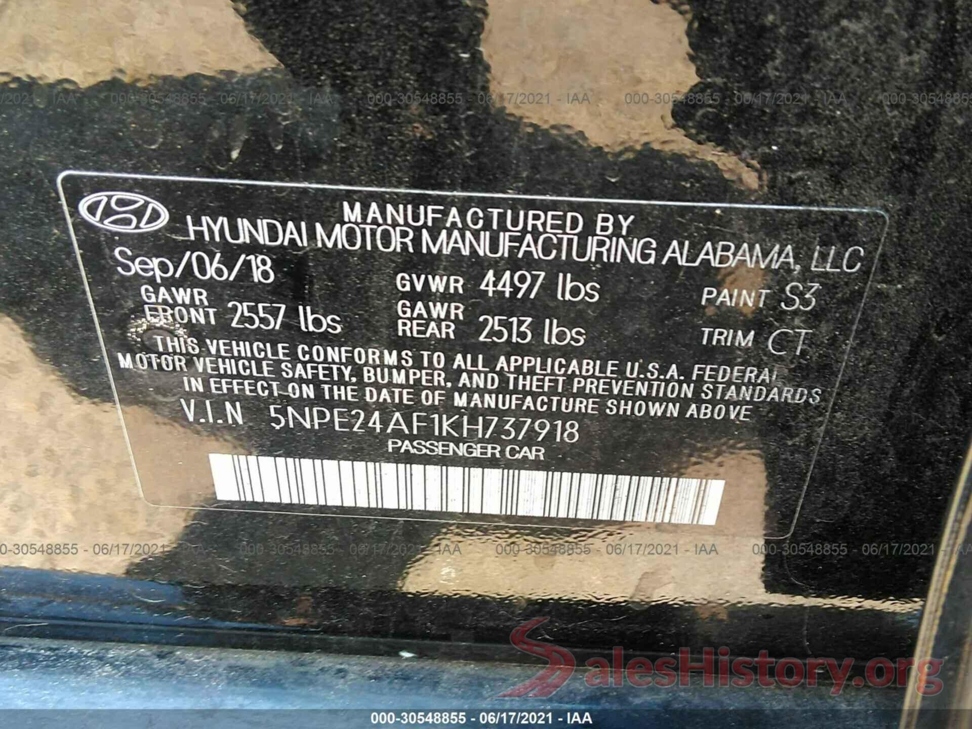 5NPE24AF1KH737918 2019 HYUNDAI SONATA