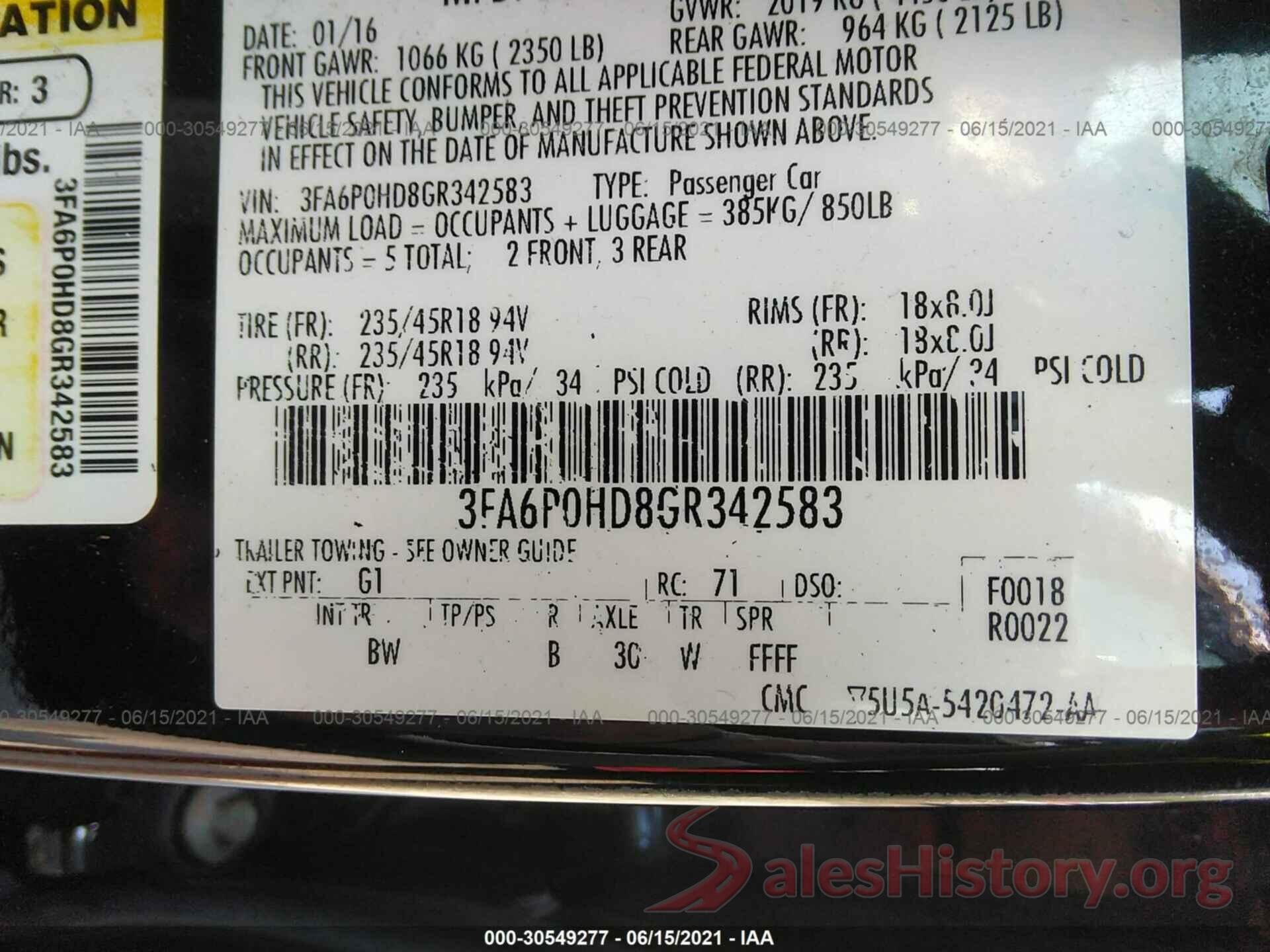 3FA6P0HD8GR342583 2016 FORD FUSION