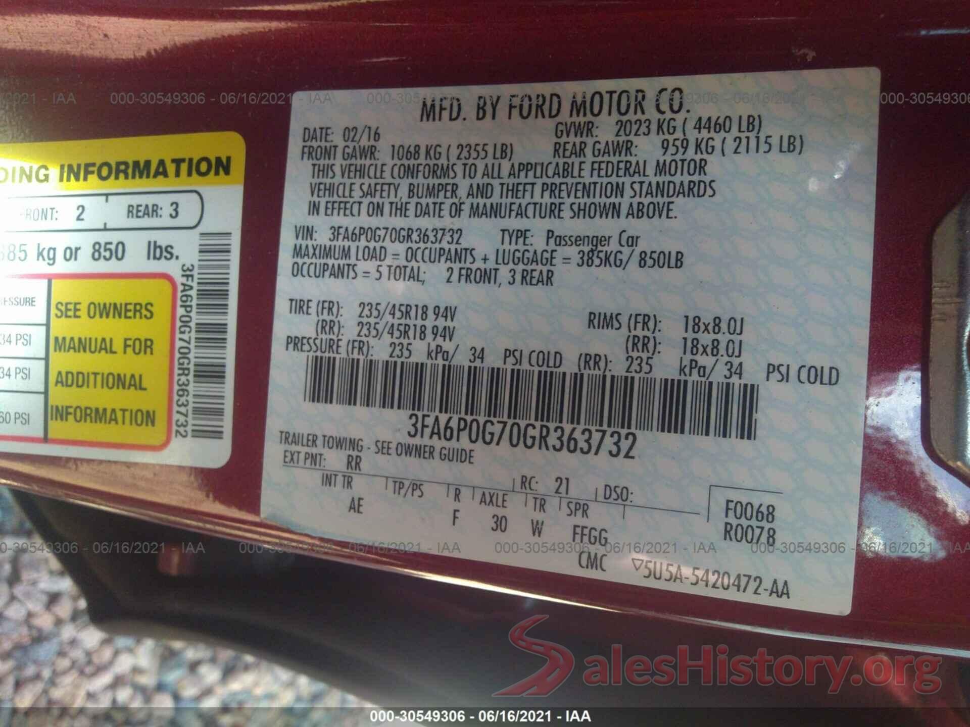 3FA6P0G70GR363732 2016 FORD FUSION