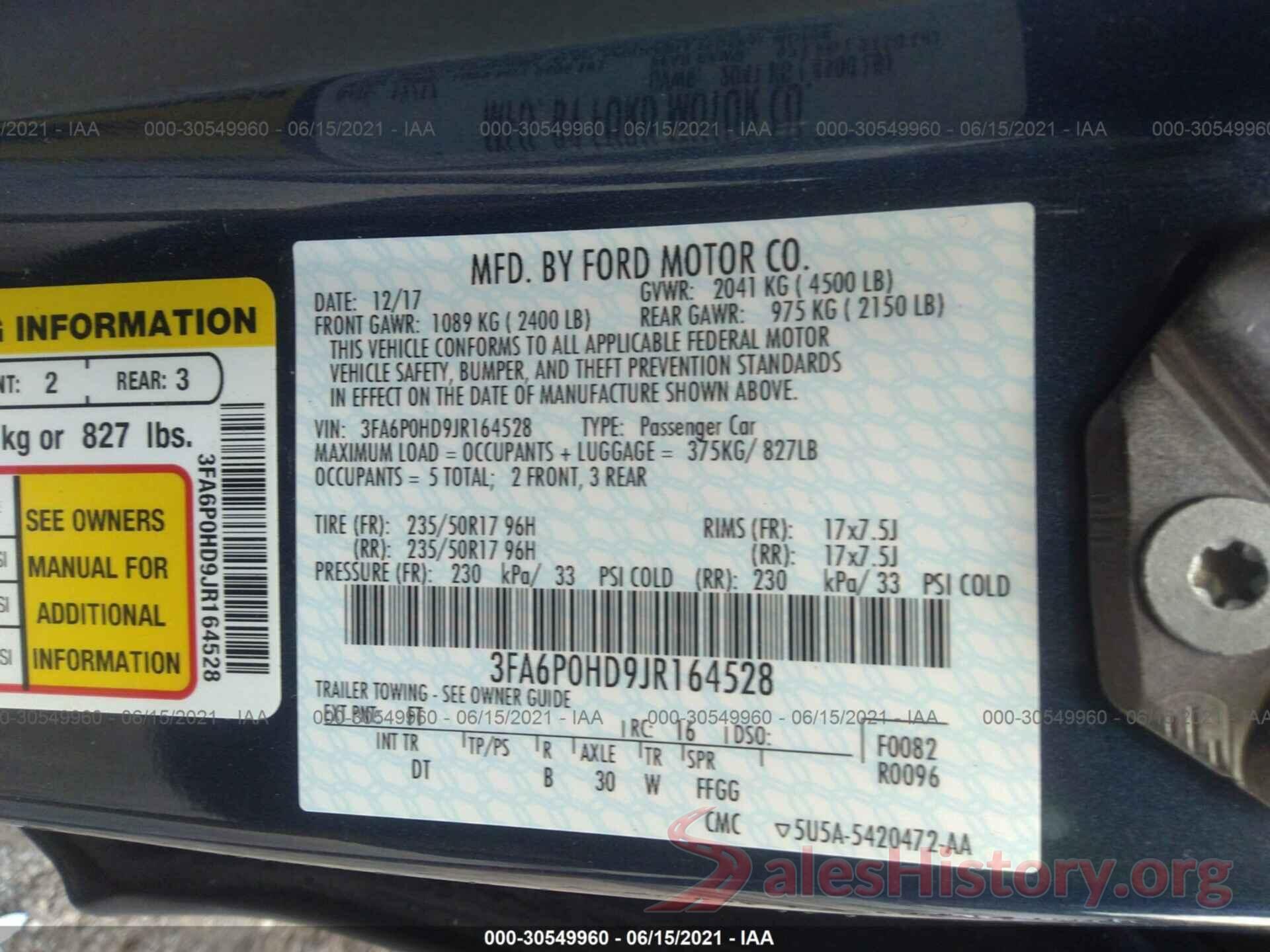 3FA6P0HD9JR164528 2018 FORD FUSION