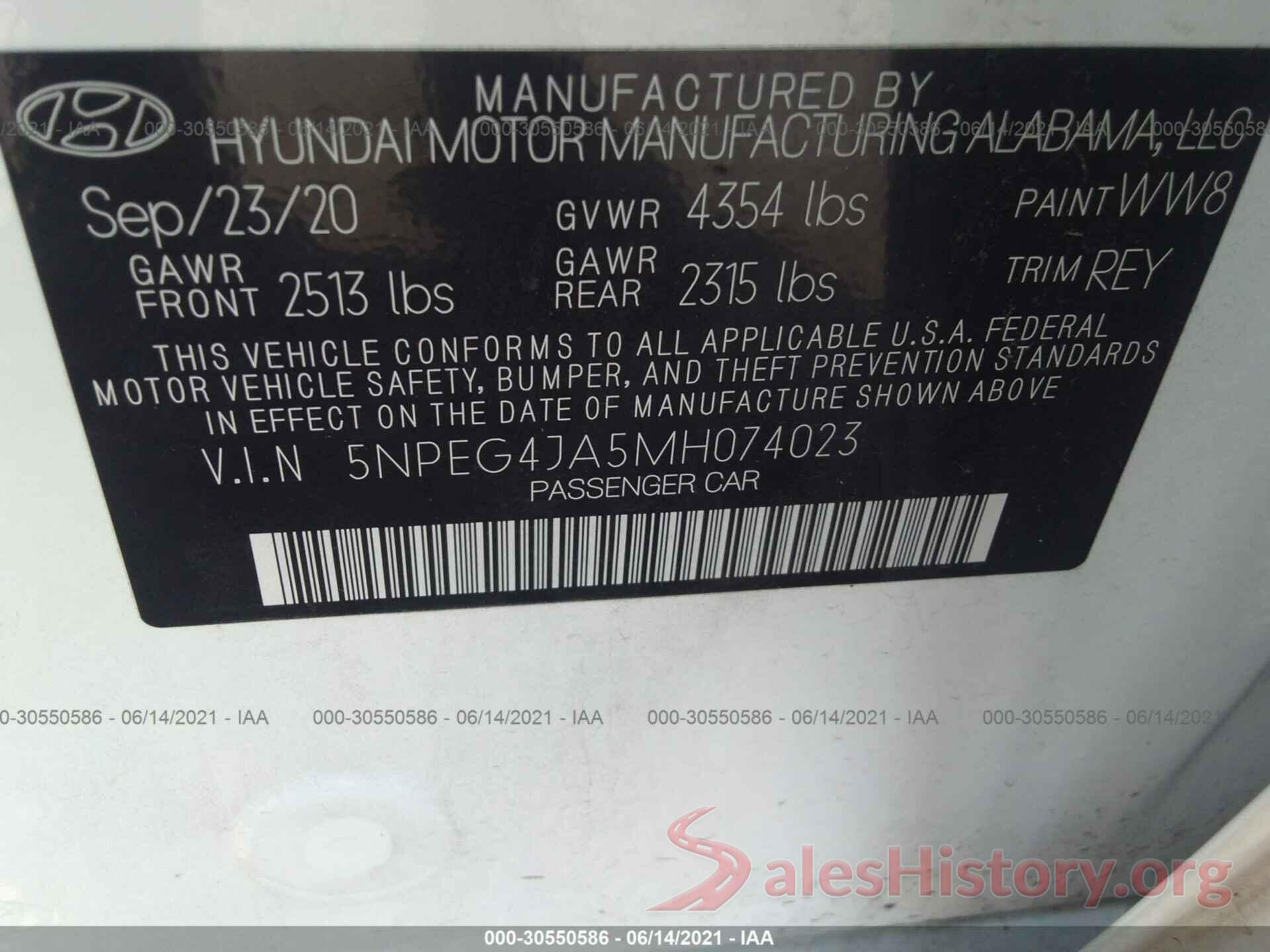 5NPEG4JA5MH074023 2021 HYUNDAI SONATA