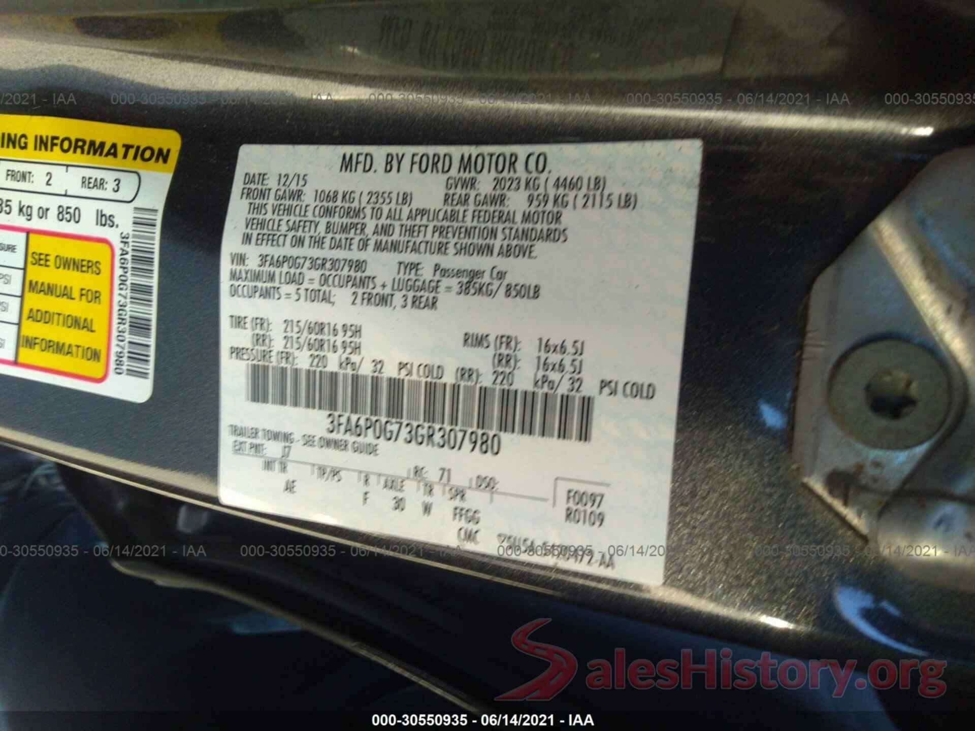 3FA6P0G73GR307980 2016 FORD FUSION