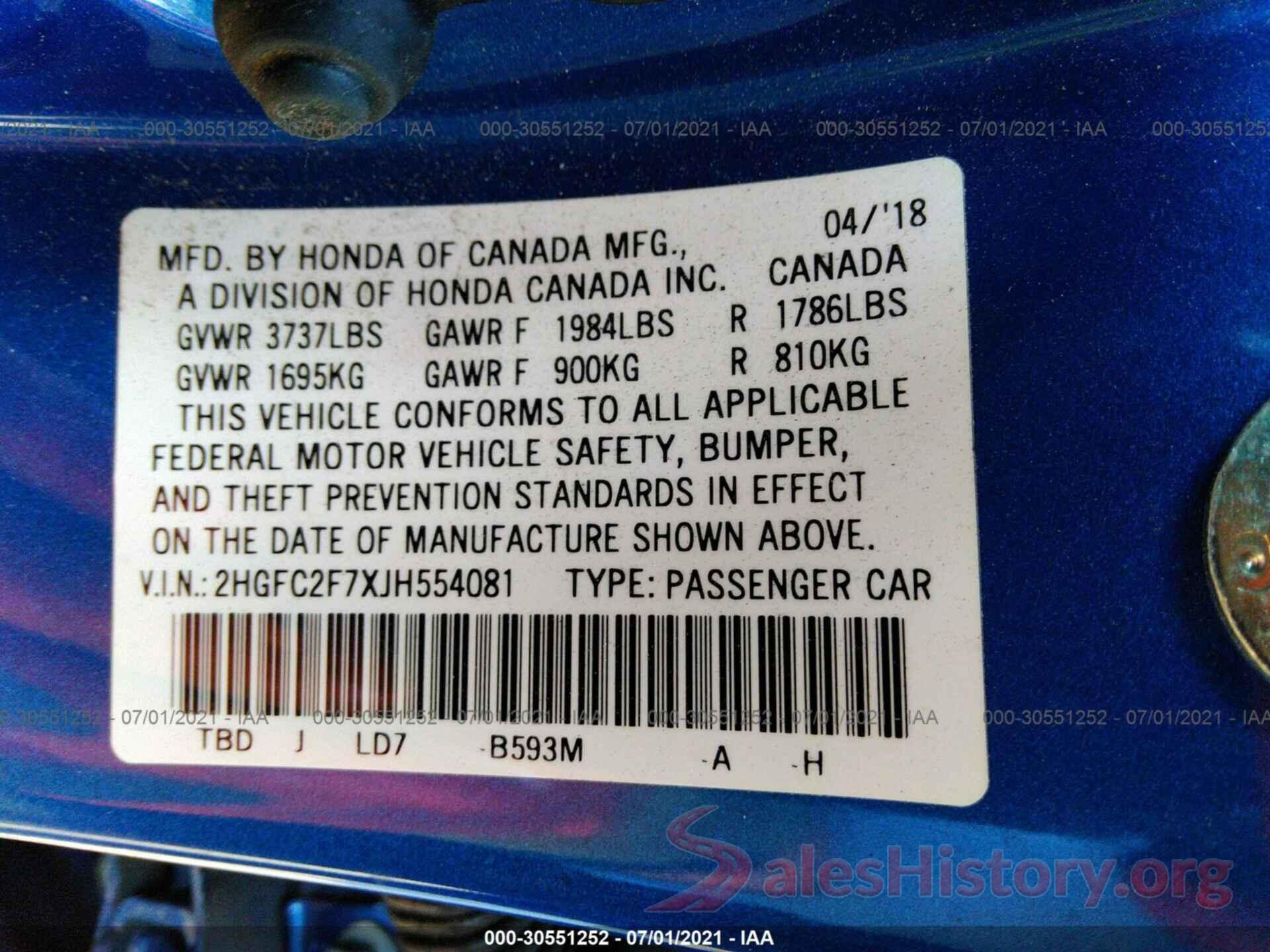 2HGFC2F7XJH554081 2018 HONDA CIVIC SEDAN