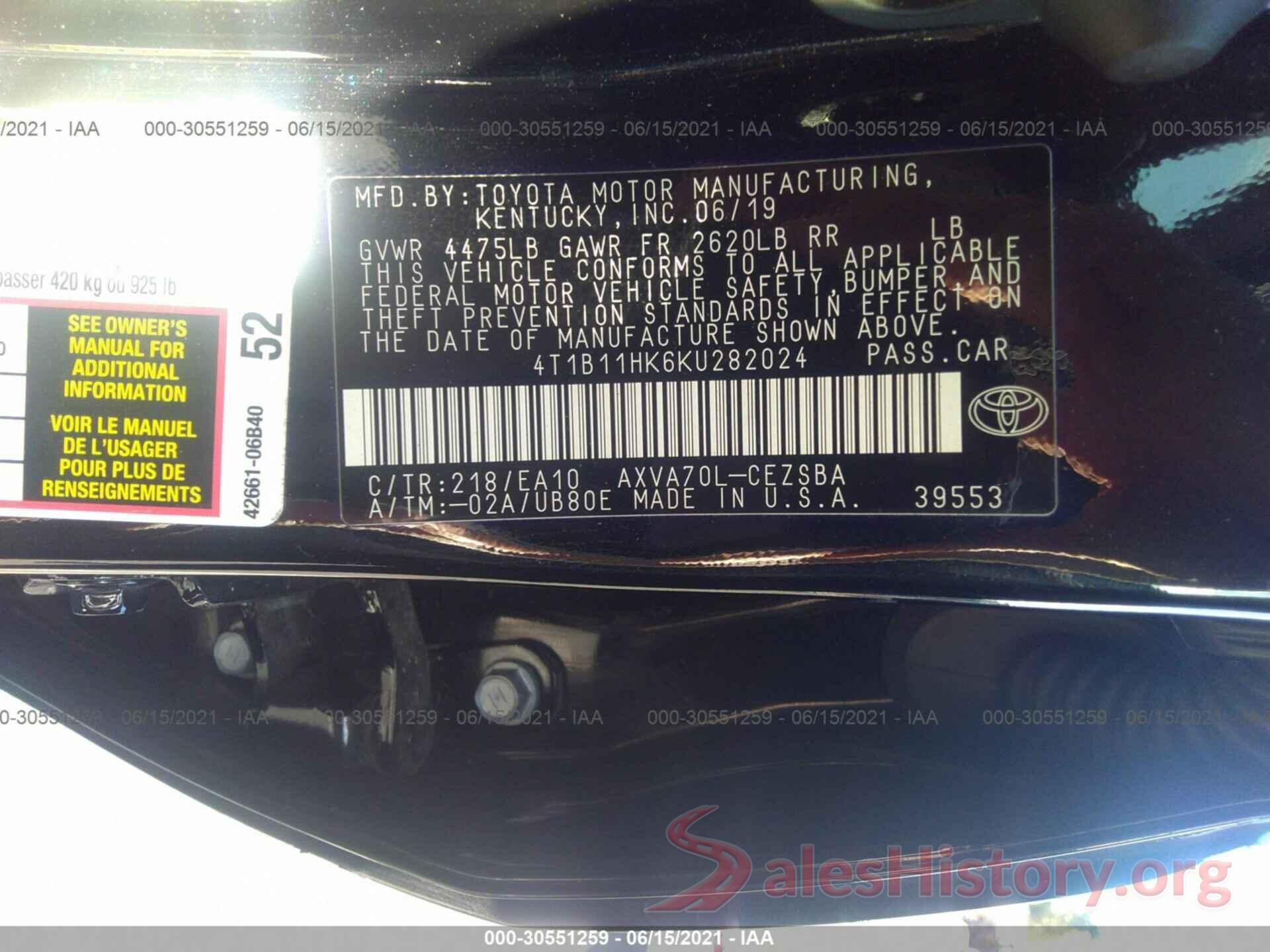 4T1B11HK6KU282024 2019 TOYOTA CAMRY