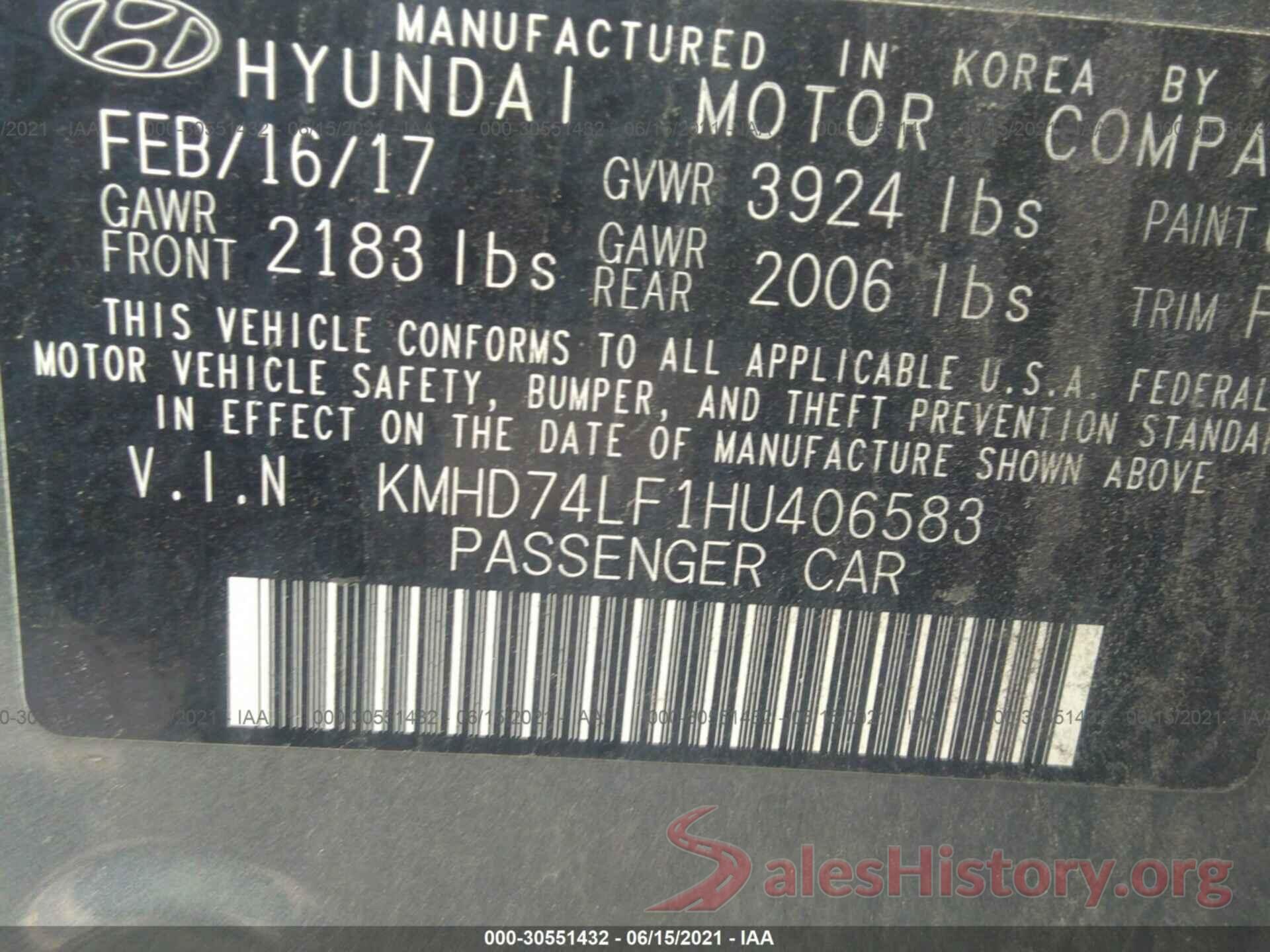 KMHD74LF1HU406583 2017 HYUNDAI ELANTRA