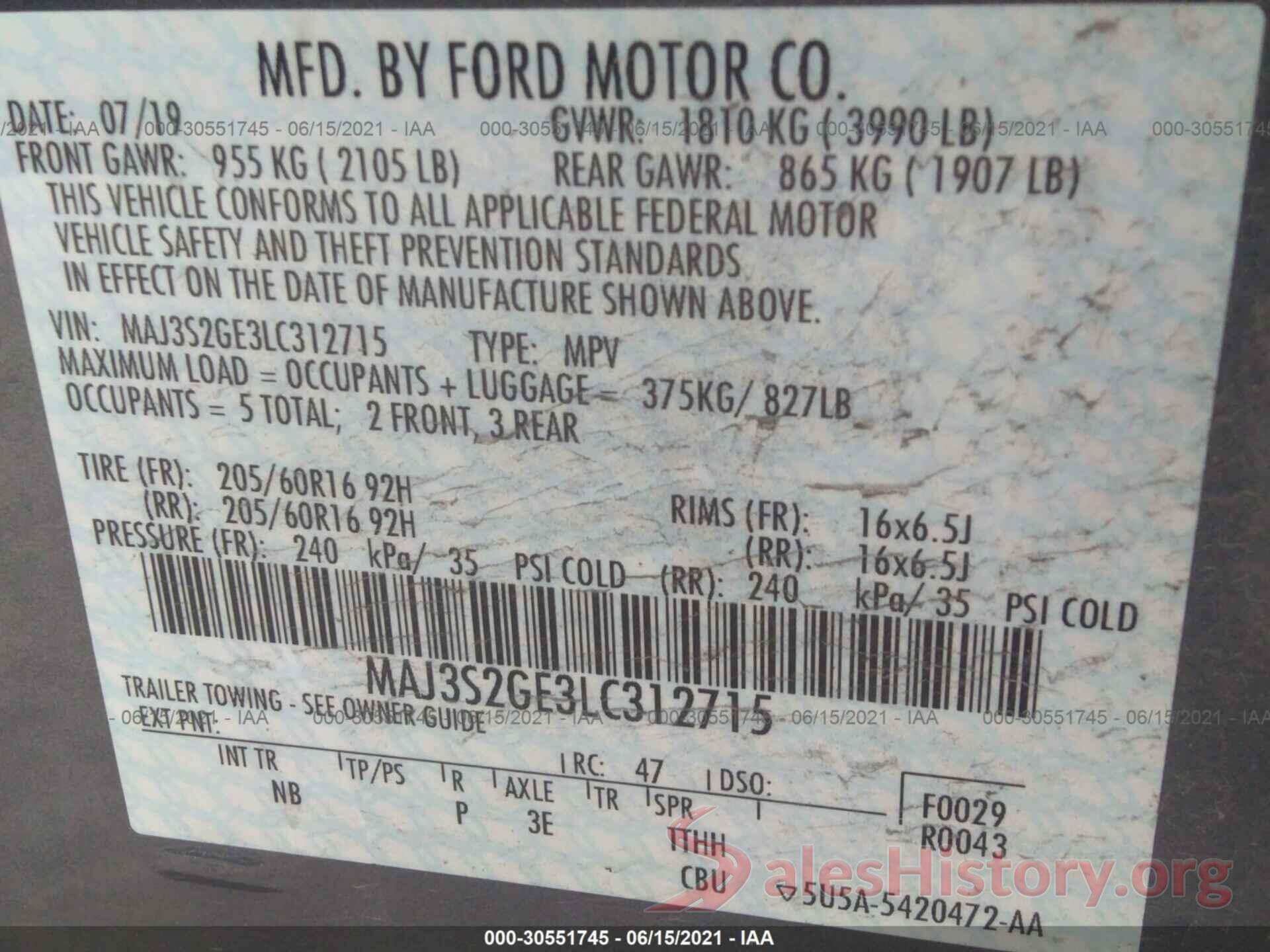 MAJ3S2GE3LC312715 2020 FORD ECOSPORT