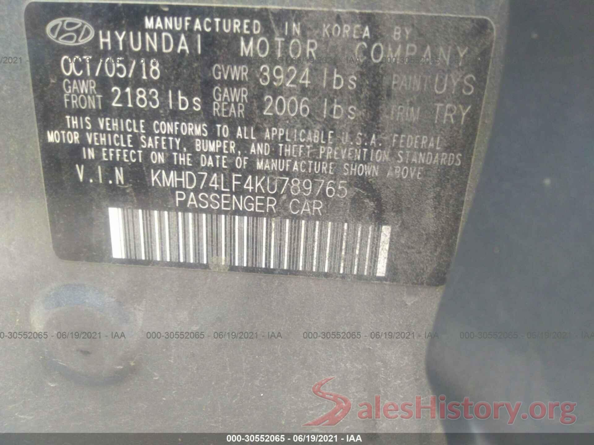 KMHD74LF4KU789765 2019 HYUNDAI ELANTRA