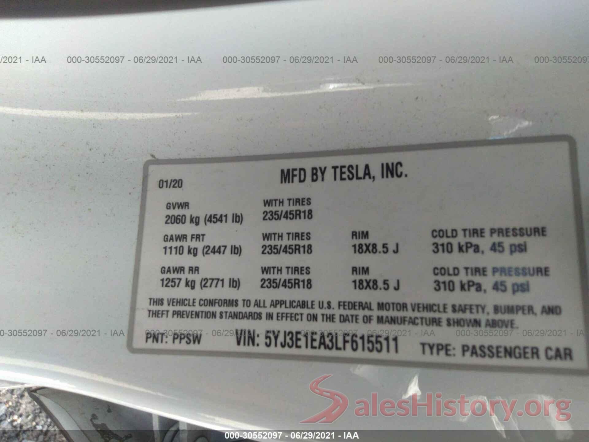 5YJ3E1EA3LF615511 2020 TESLA MODEL 3