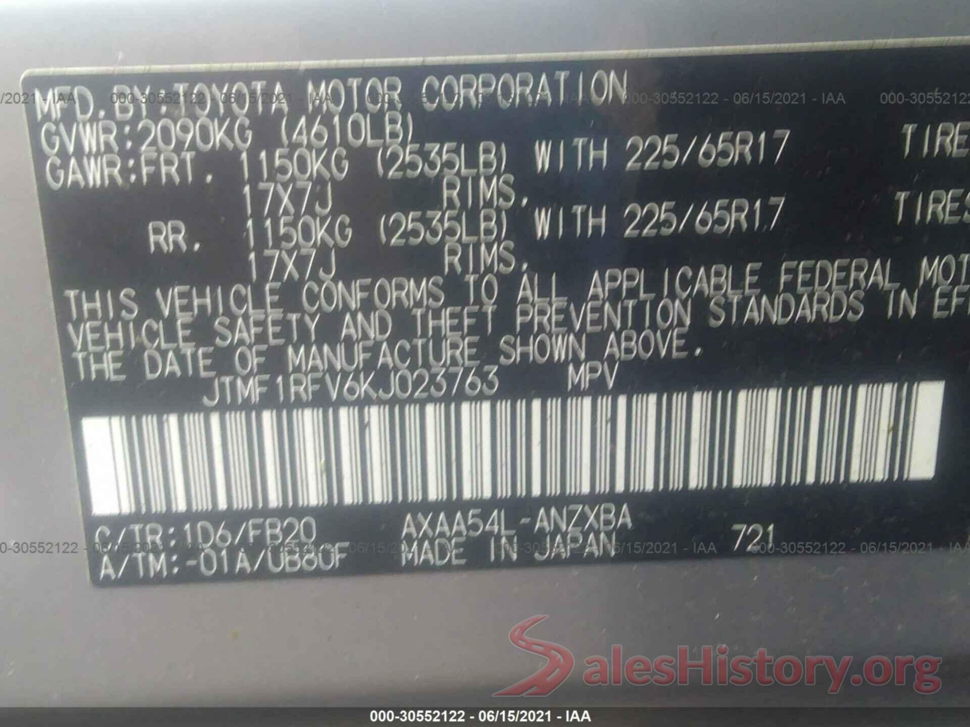 JTMF1RFV6KJ023763 2019 TOYOTA RAV4