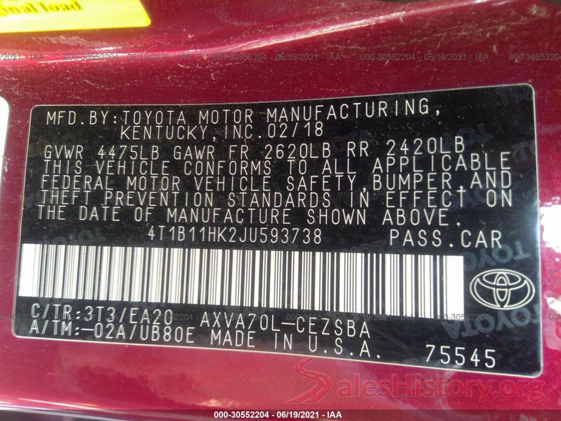 4T1B11HK2JU593738 2018 TOYOTA CAMRY