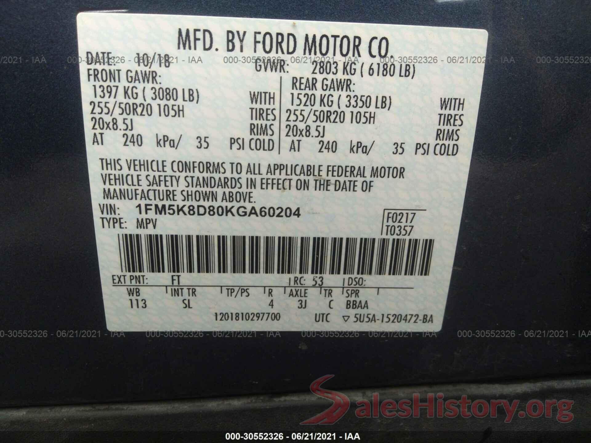 1FM5K8D80KGA60204 2019 FORD EXPLORER