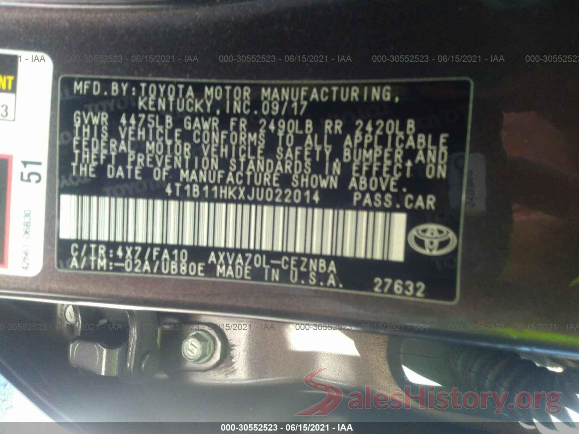 4T1B11HKXJU022014 2018 TOYOTA CAMRY