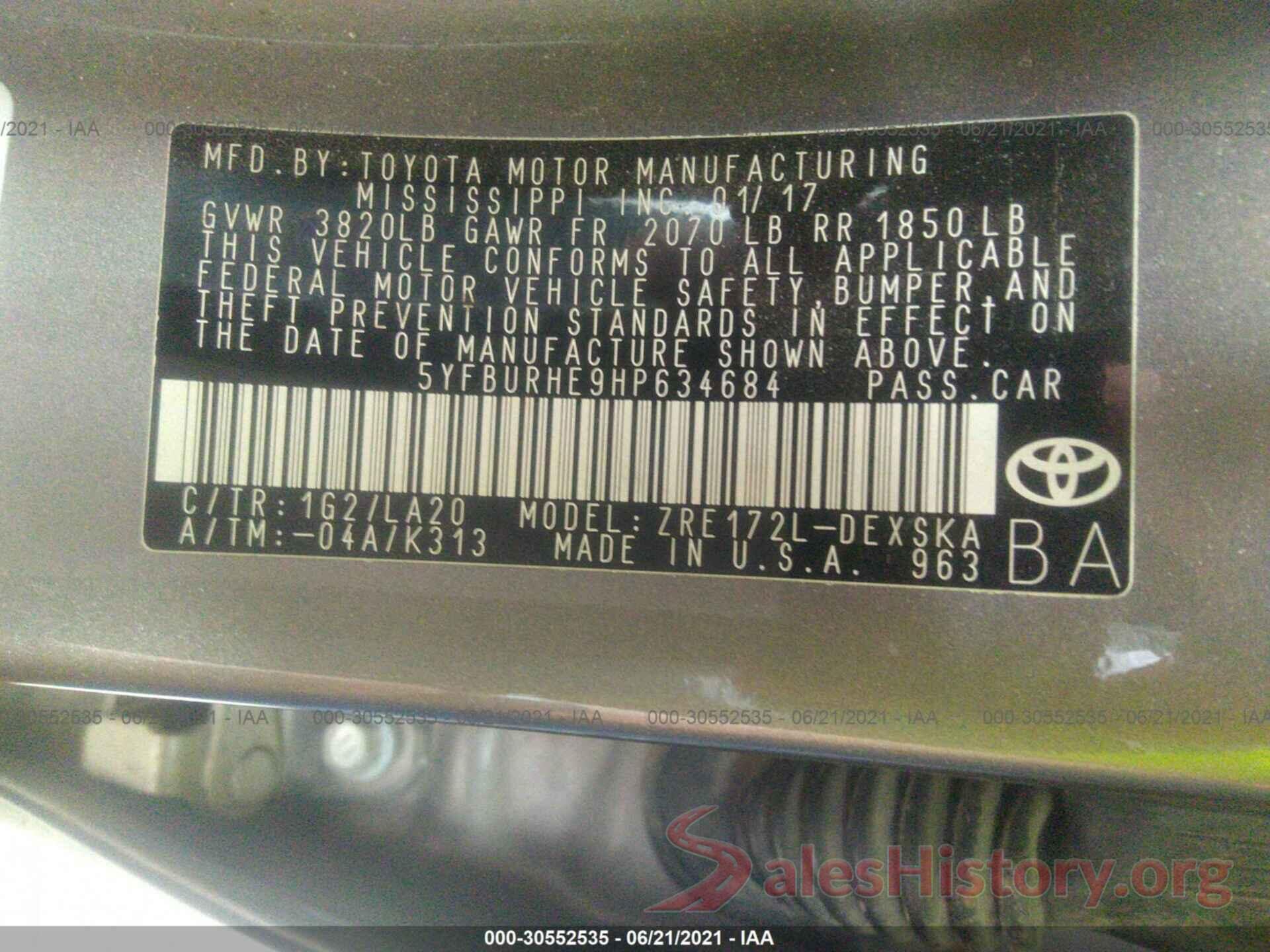 5YFBURHE9HP634684 2017 TOYOTA COROLLA